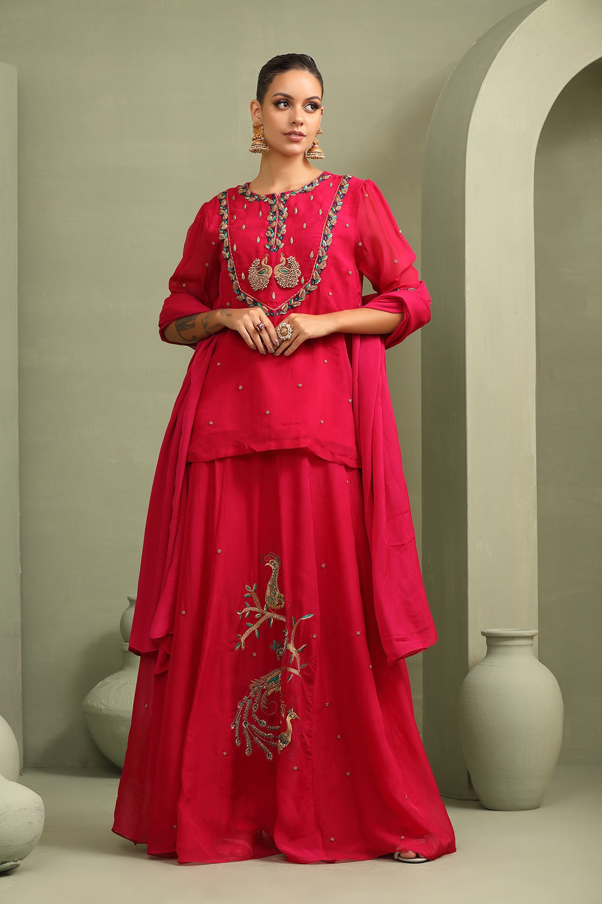 Rani pink peacock embroidered lehenga-short kurti & dupatta set