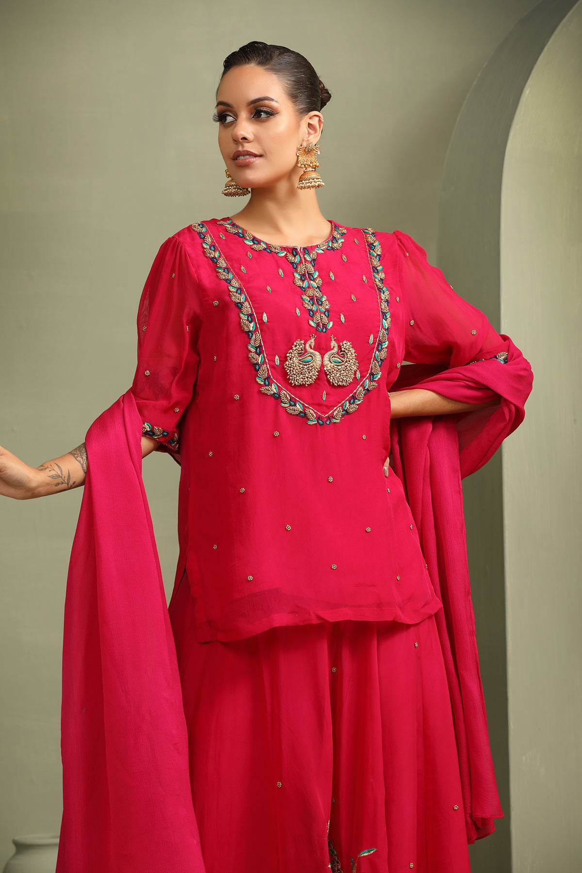 Rani pink peacock embroidered lehenga-short kurti & dupatta set