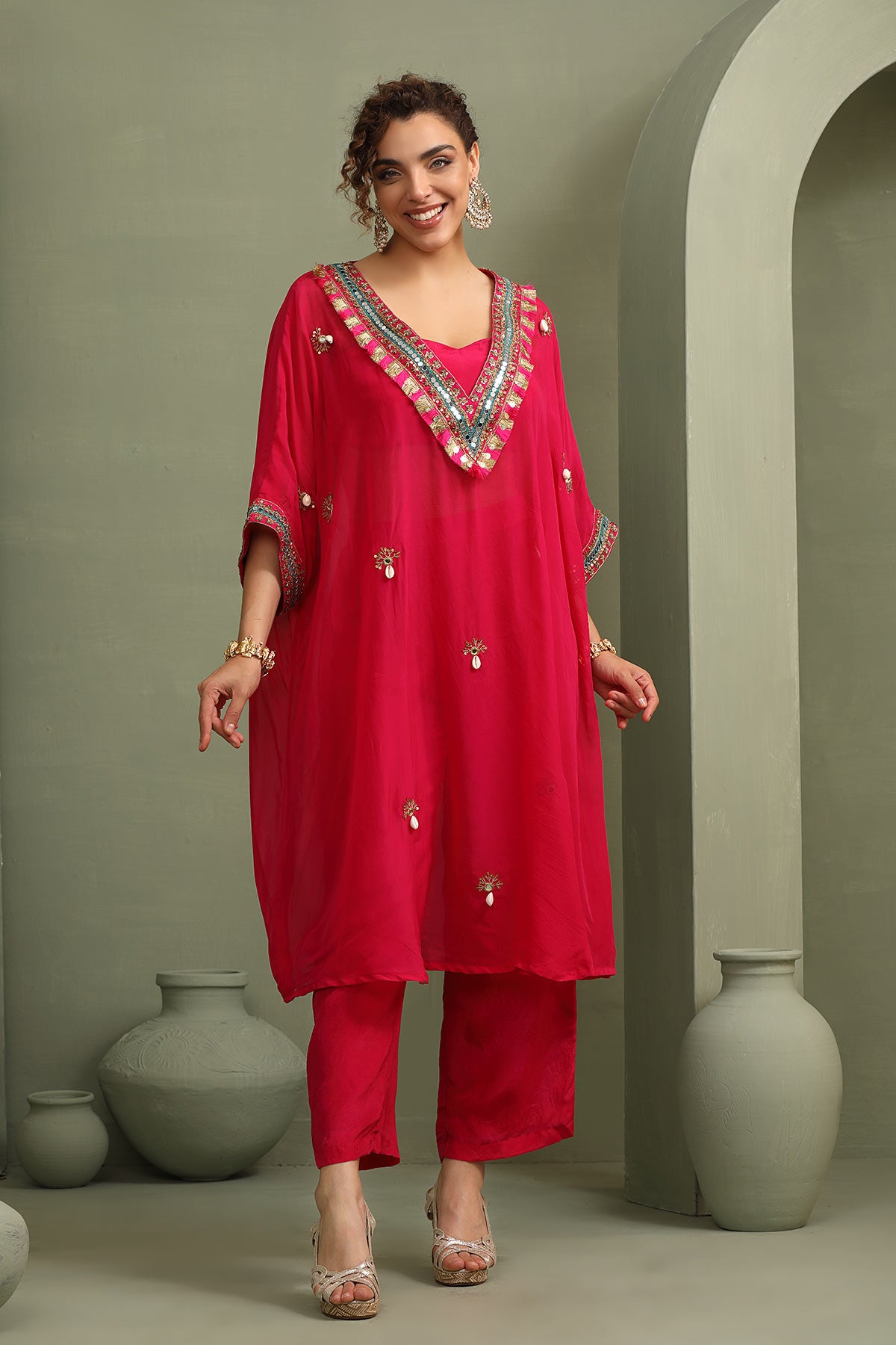 Pink festive oversized kaftan-crop top, trouser set