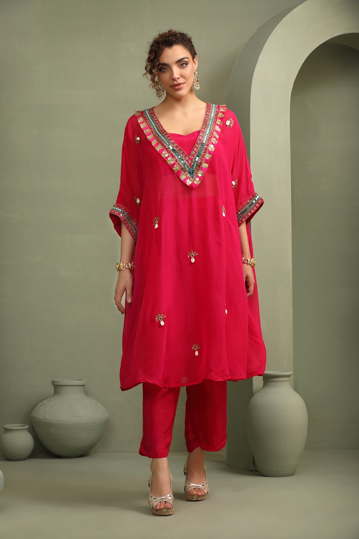 Pink festive oversized kaftan-crop top, trouser set