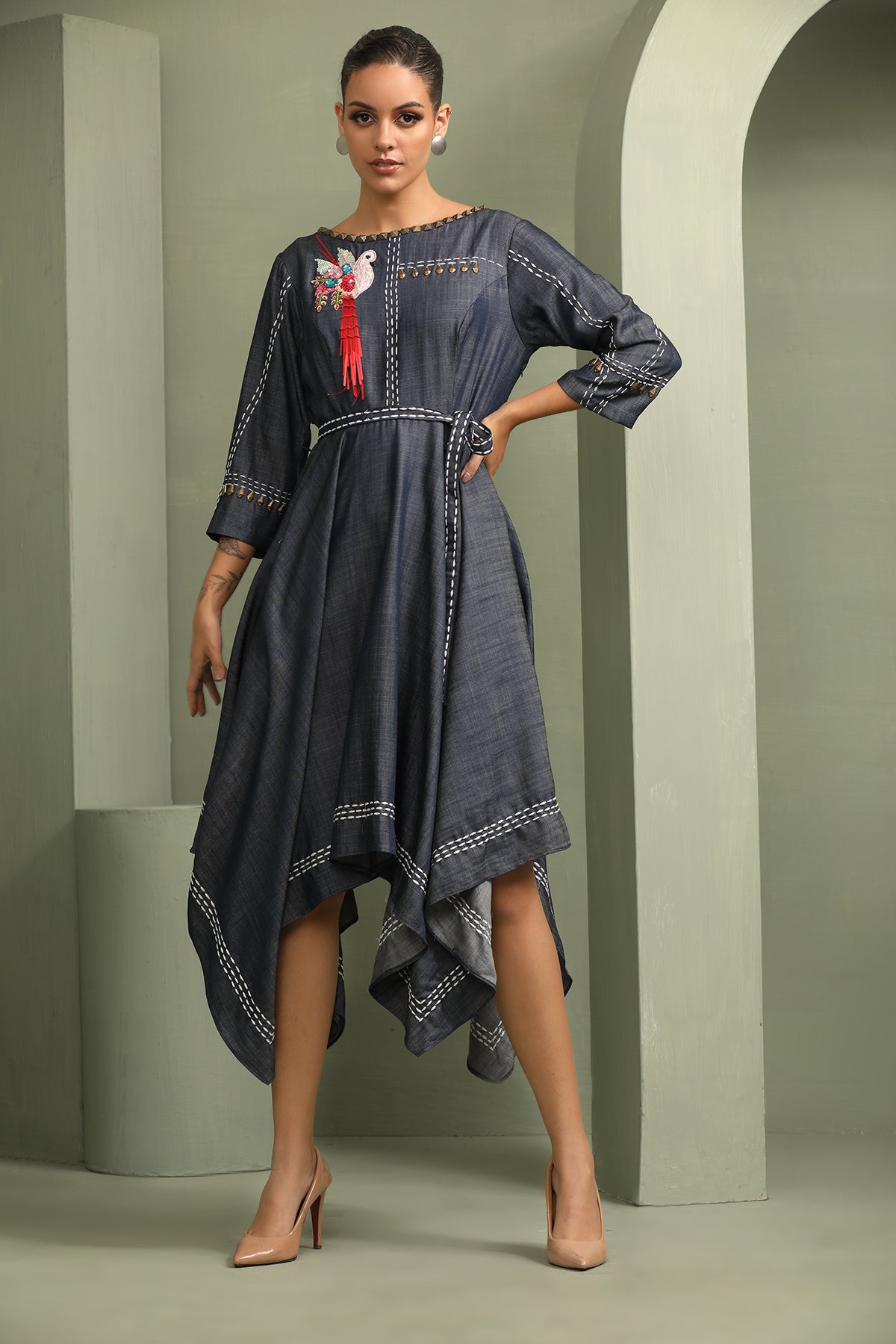 Denim Asymmetric Bird Dress