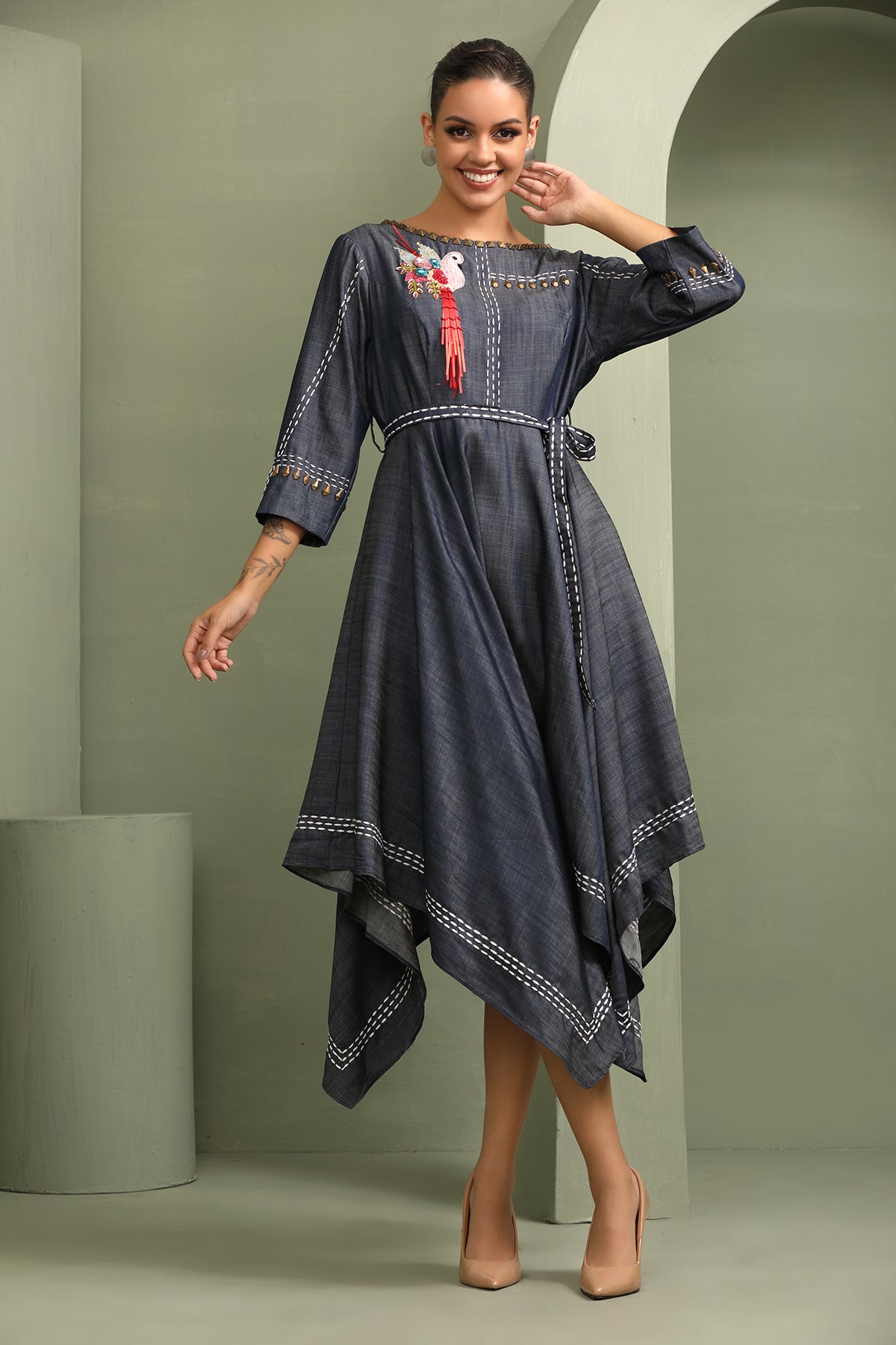 Denim Asymmetric Bird Dress