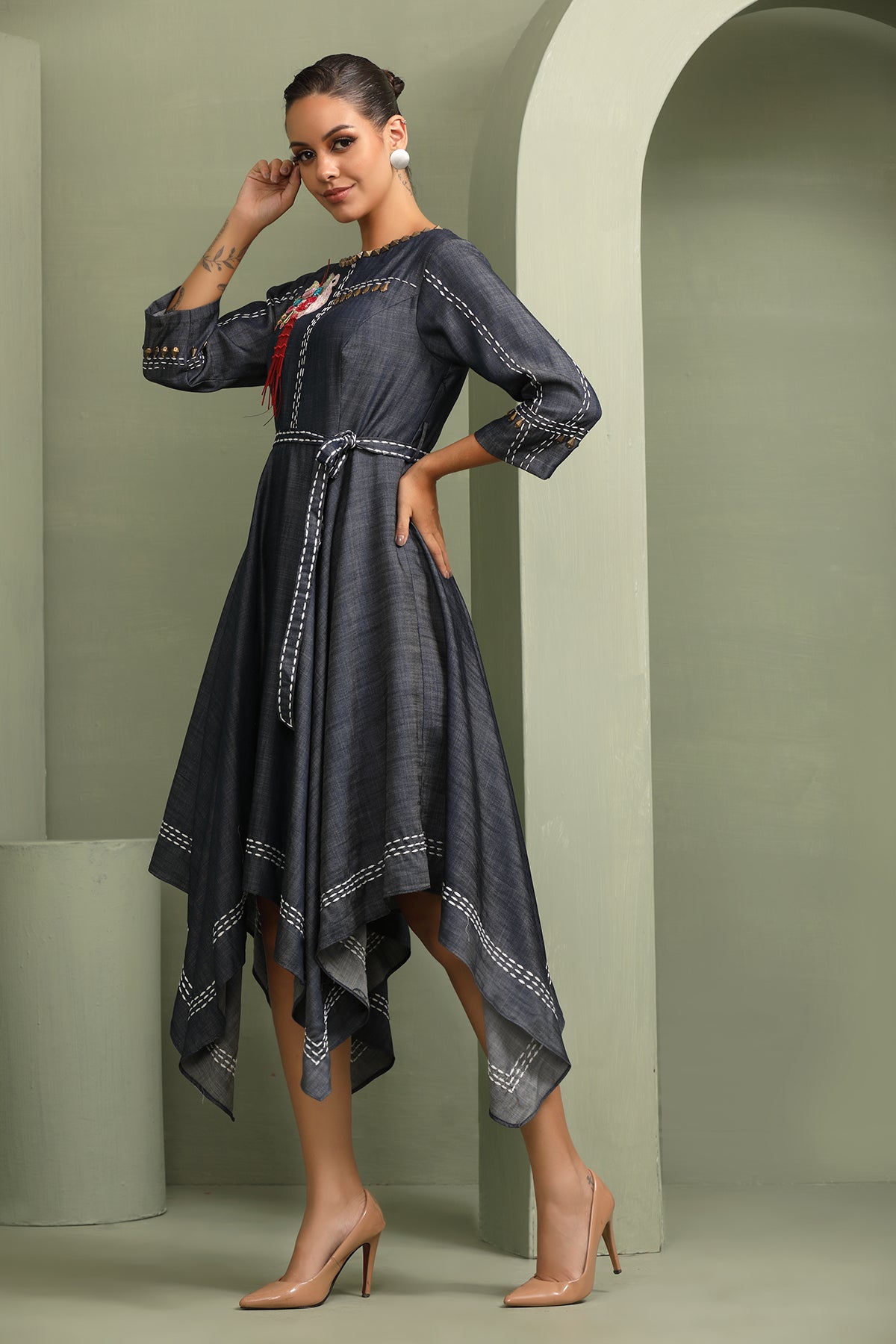 Denim Asymmetric Bird Dress