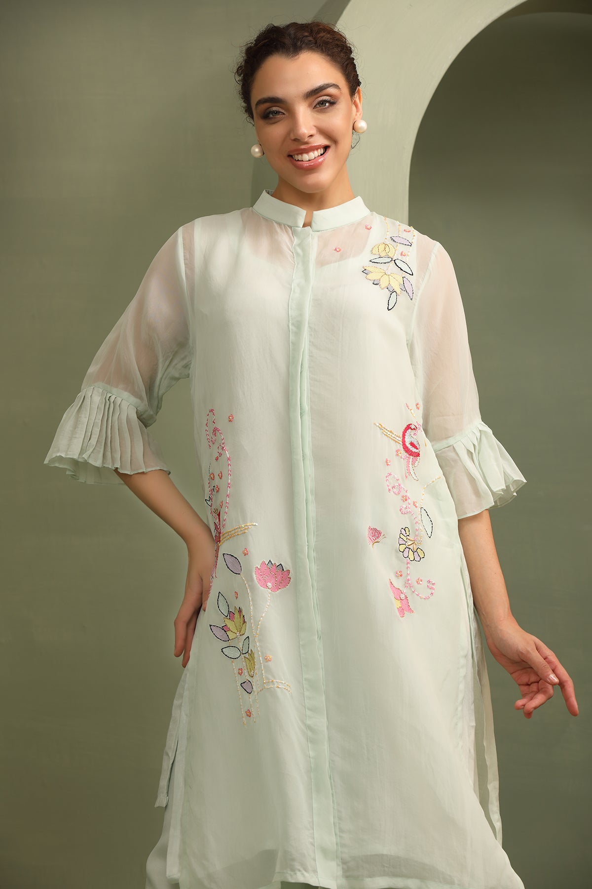 Mint Organza Applique Tunic Palazzo Set