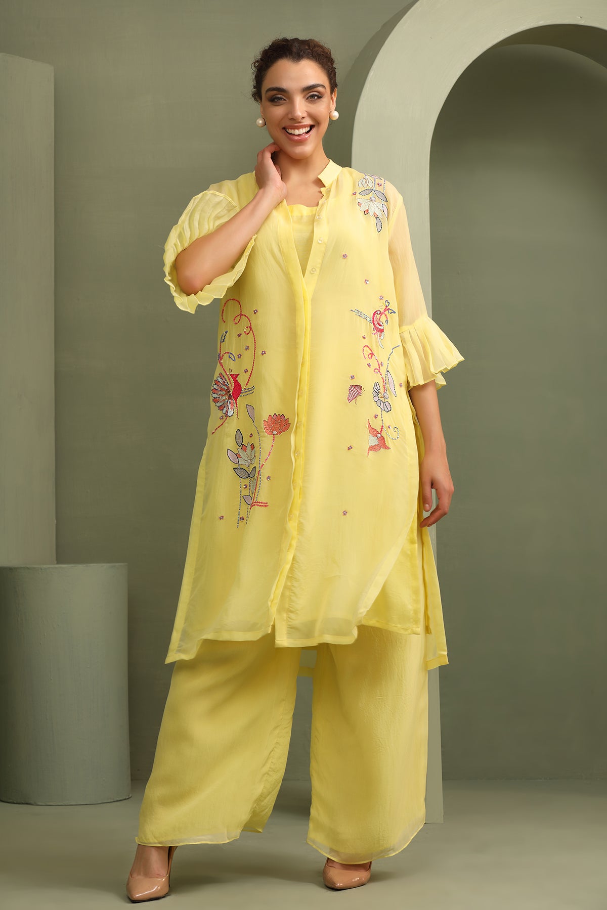 Yellow Organza Applique Tunic Palazzo Set