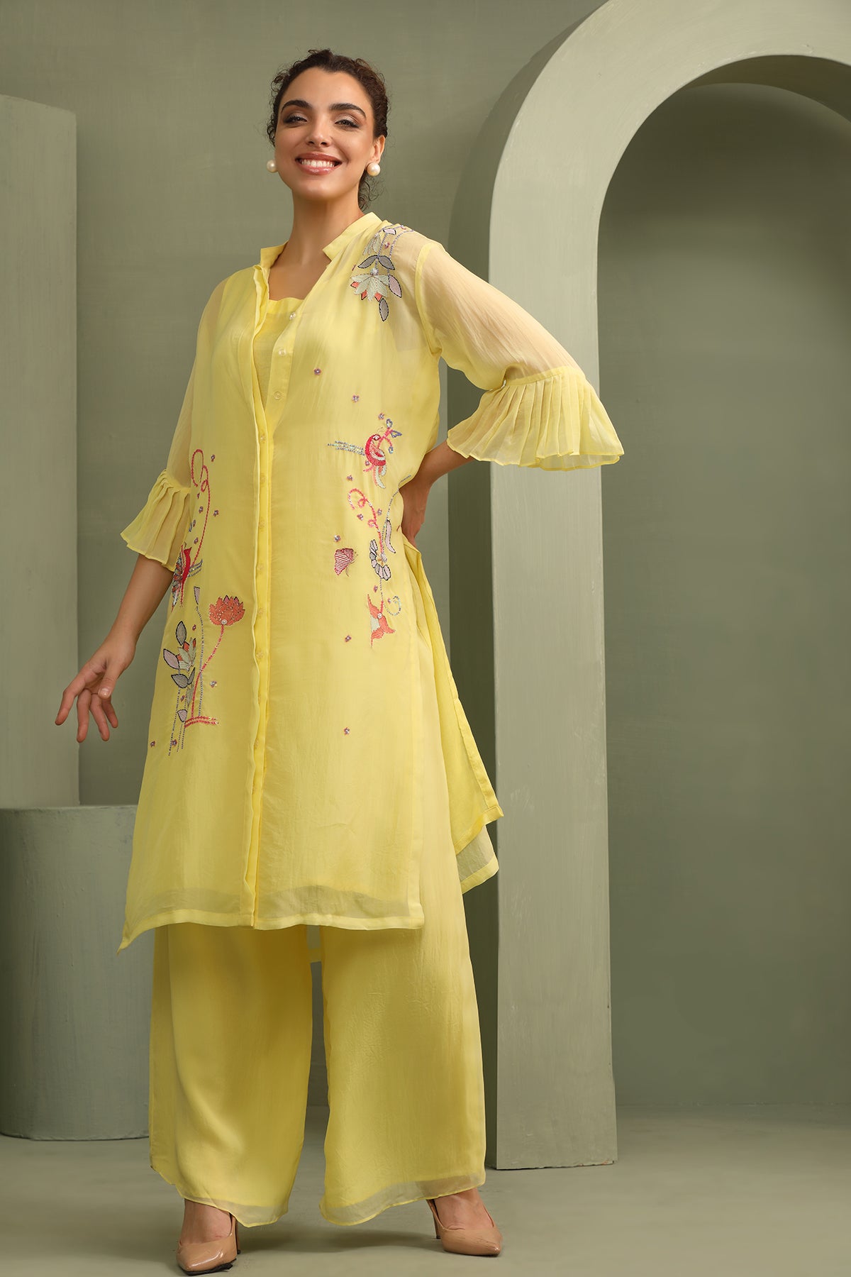 Yellow Organza Applique Tunic Palazzo Set