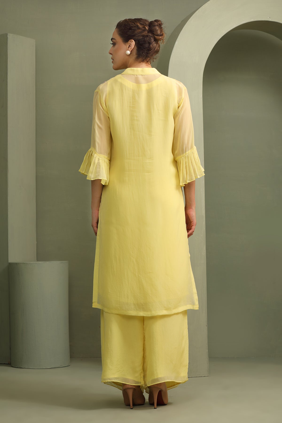 Yellow Organza Applique Tunic Palazzo Set