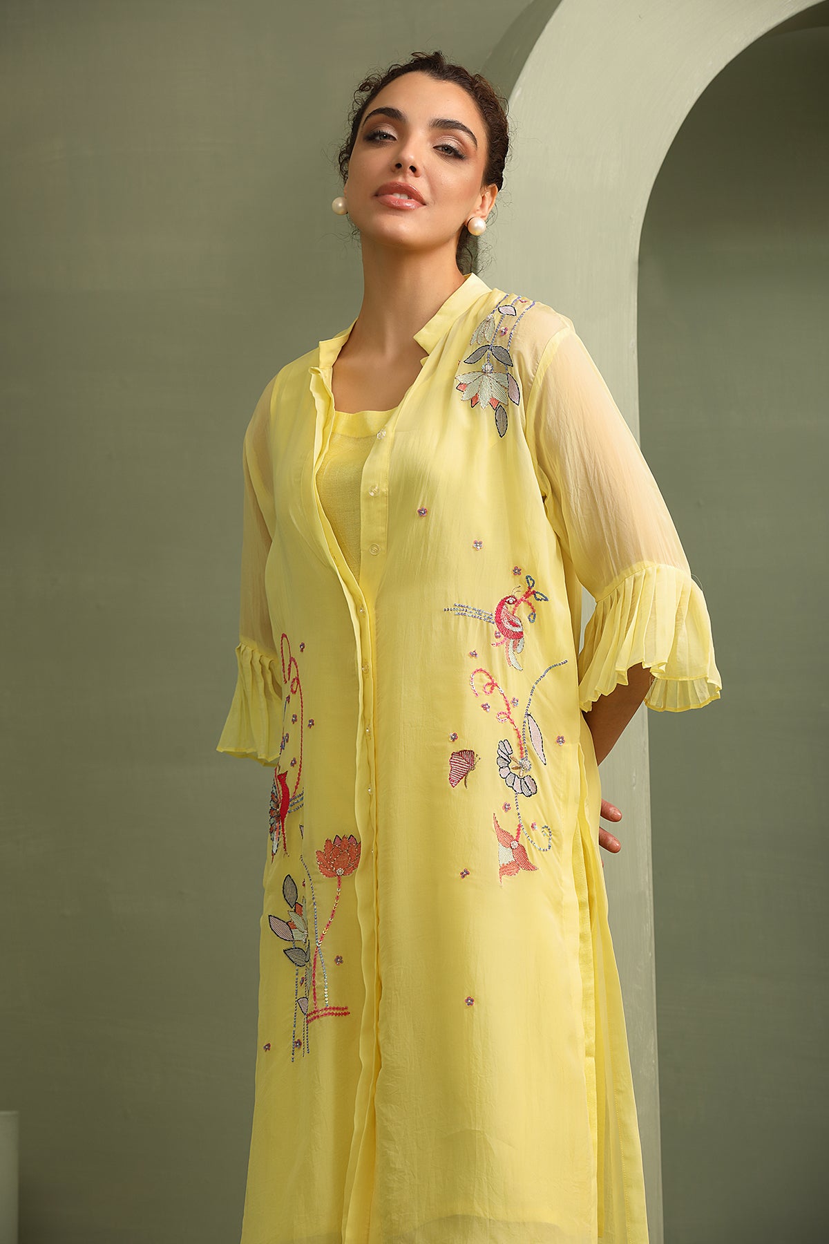 Yellow Organza Applique Tunic Palazzo Set