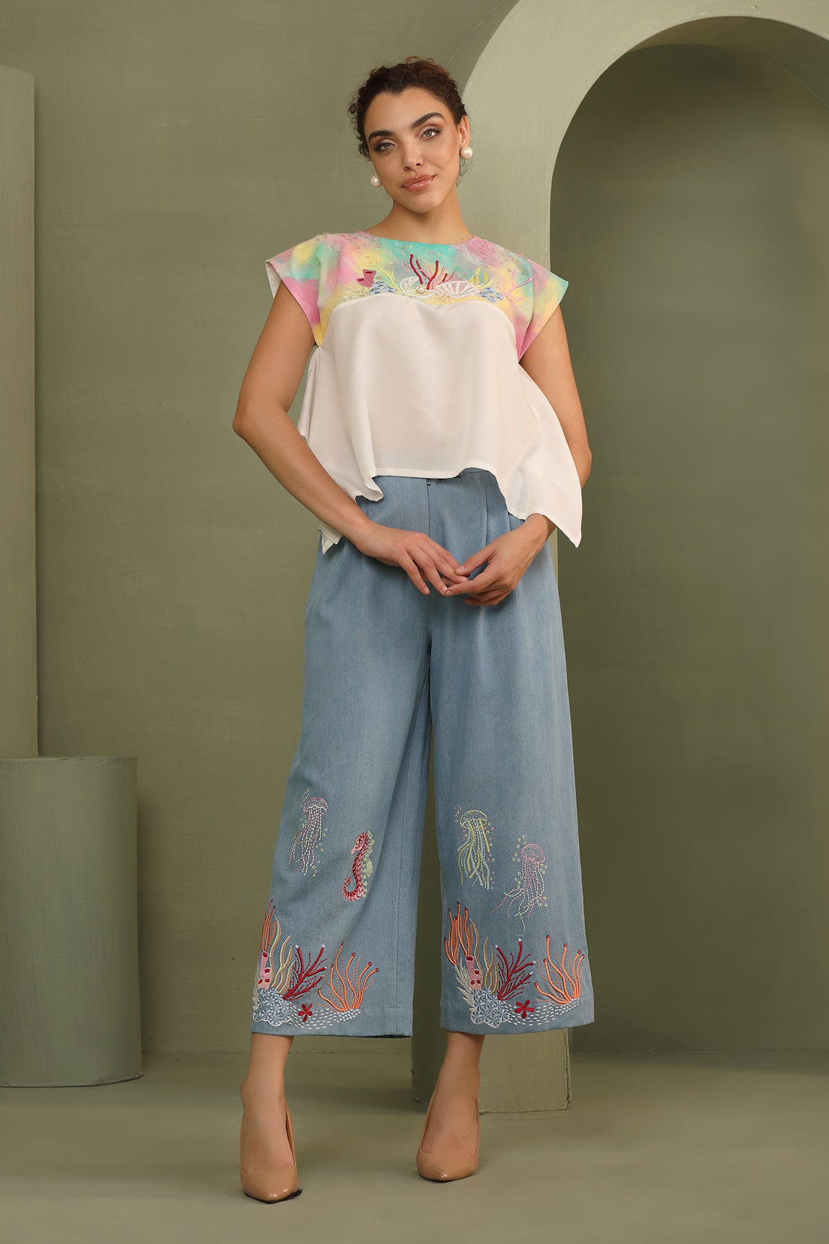 Hand painted Handkerchief Top with Flared Sea-Life Denim