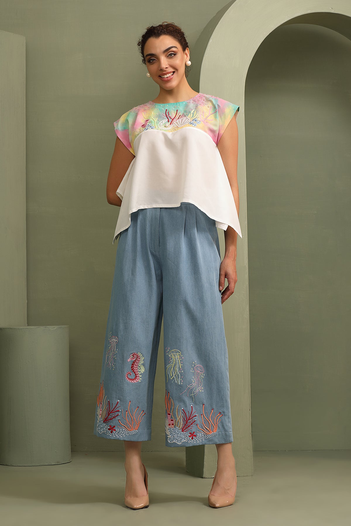 Hand painted Handkerchief Top with Flared Sea-Life Denim