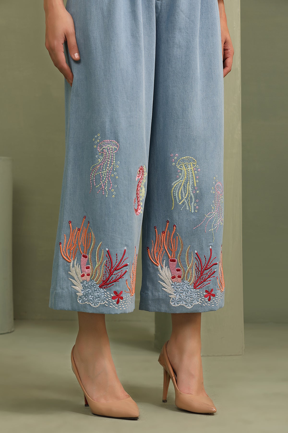 Hand painted Handkerchief Top with Flared Sea-Life Denim