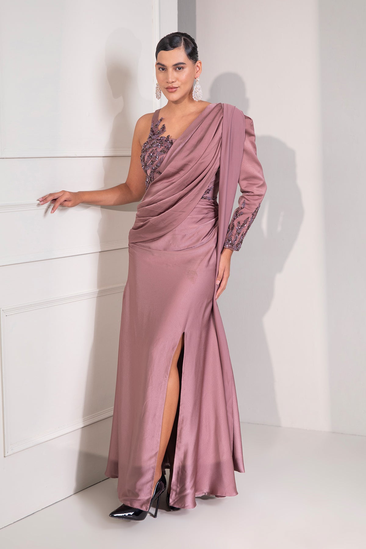 Dusty Mauve draped gown with dramatic Blazer sleeves & tonal embroidery