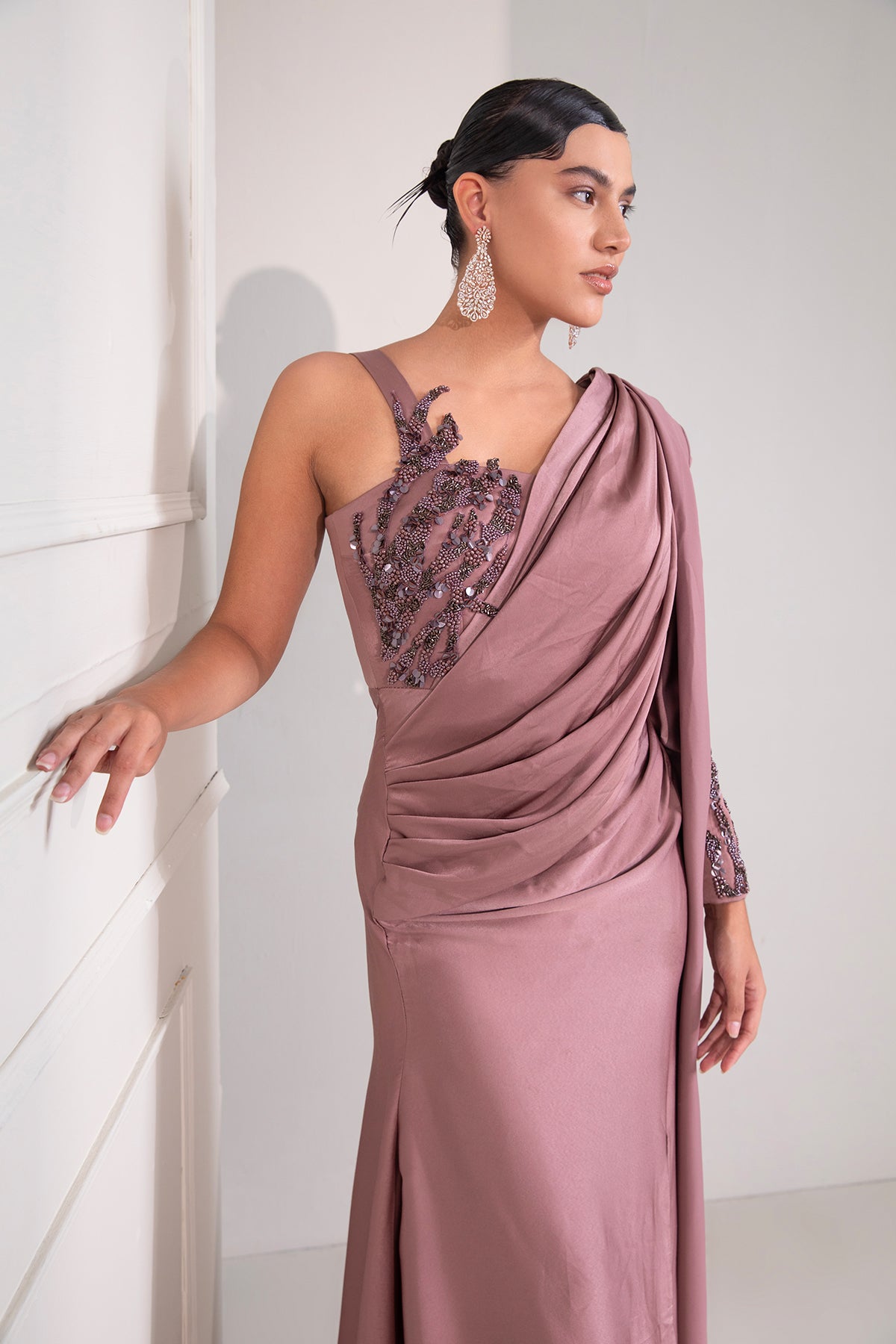 Dusty Mauve draped gown with dramatic Blazer sleeves & tonal embroidery