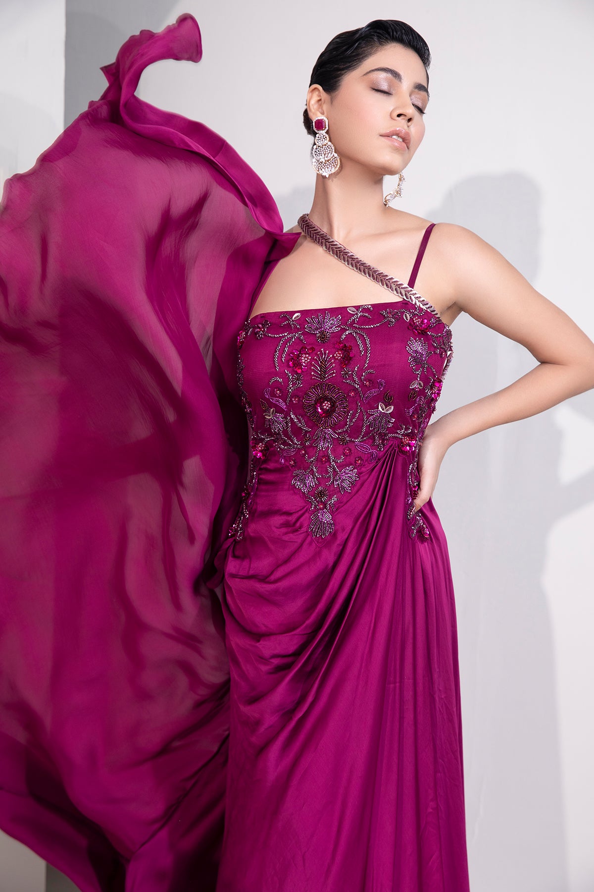 Viva Magenta Draped cocktail gown with embellished corset