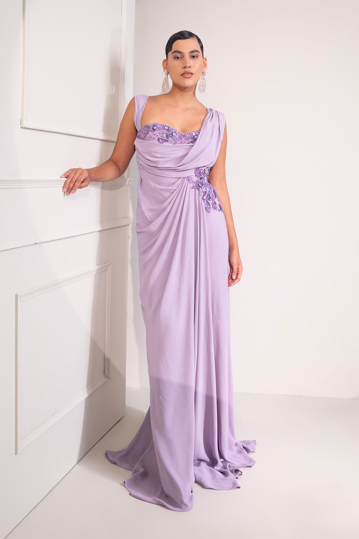 Pastel Lilac draped Cocktail Gown