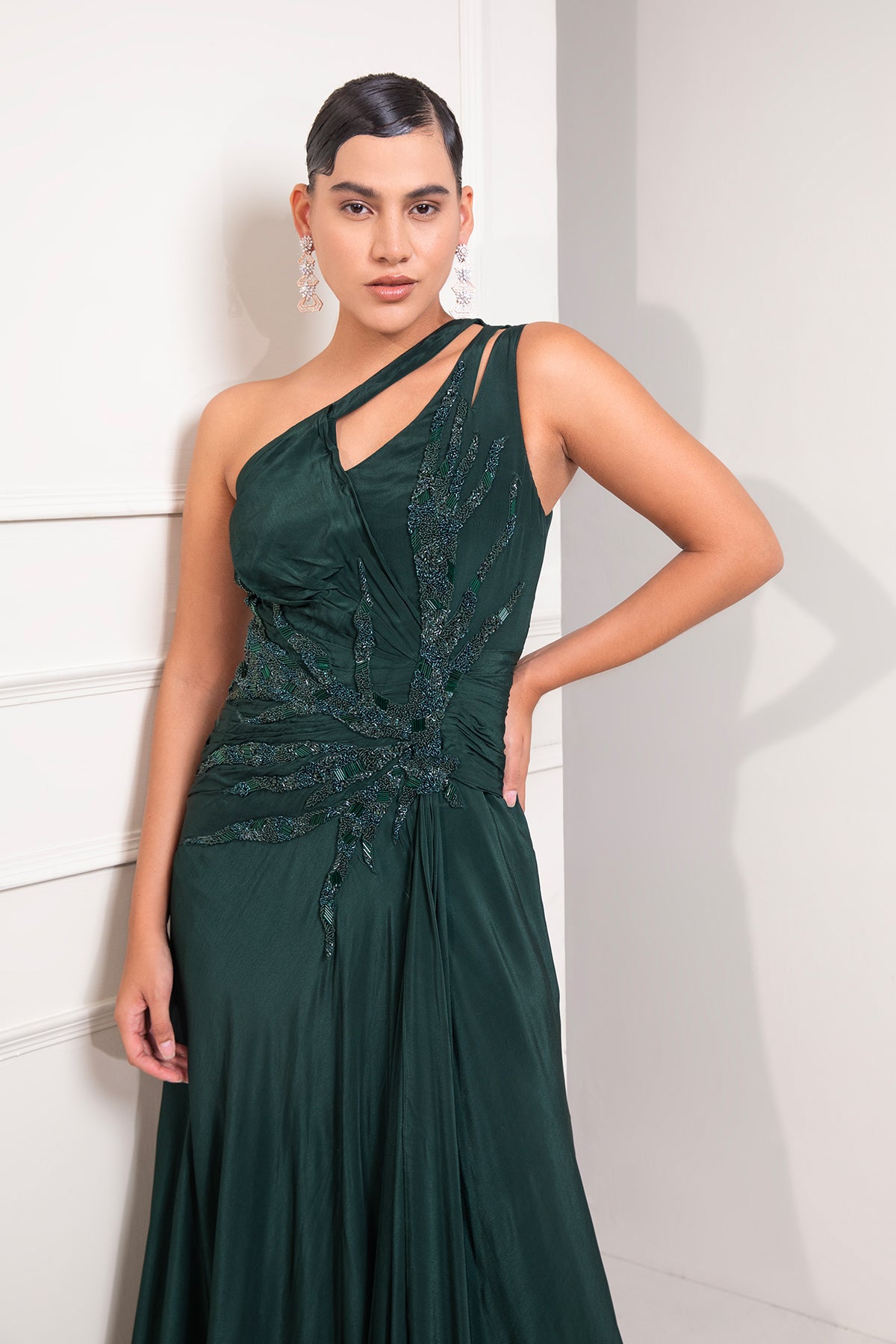 Bottle green one shoulder draped cocktail gown abstract work