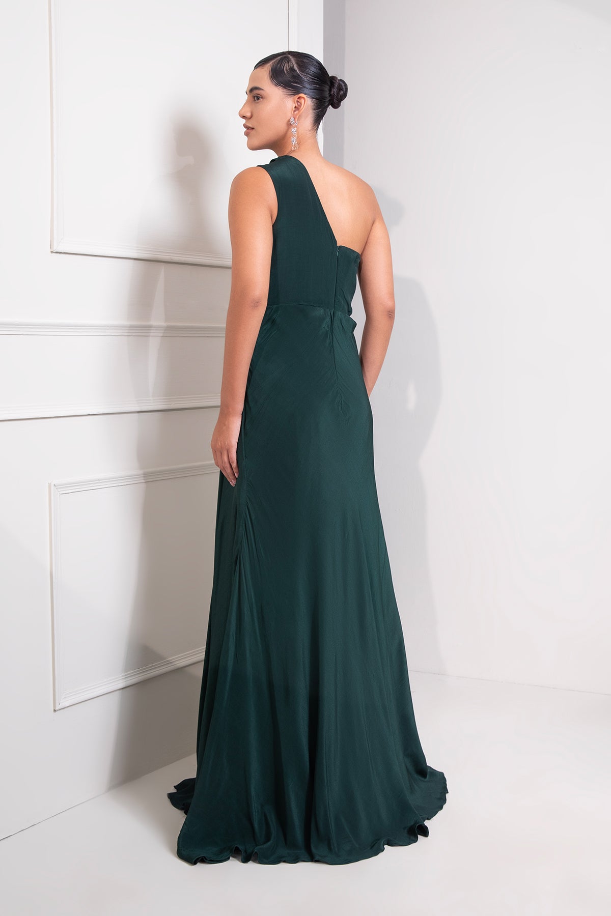 Bottle green one shoulder draped cocktail gown abstract work