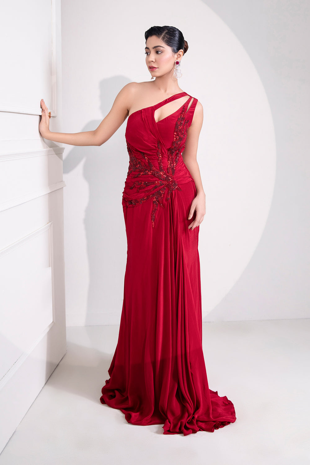 Ruby red one shoulder draped cocktail gown abstract work
