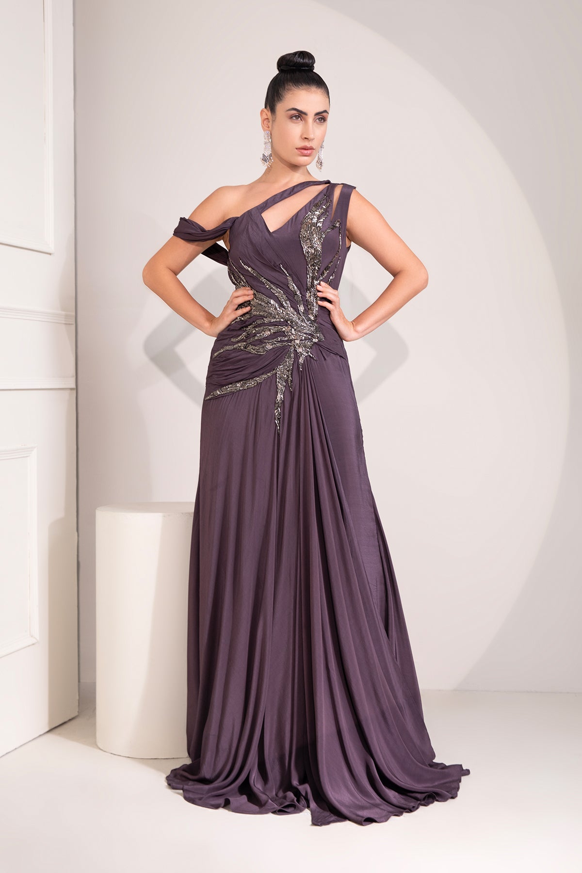 Midnight plum one shoulder gown with abstract work