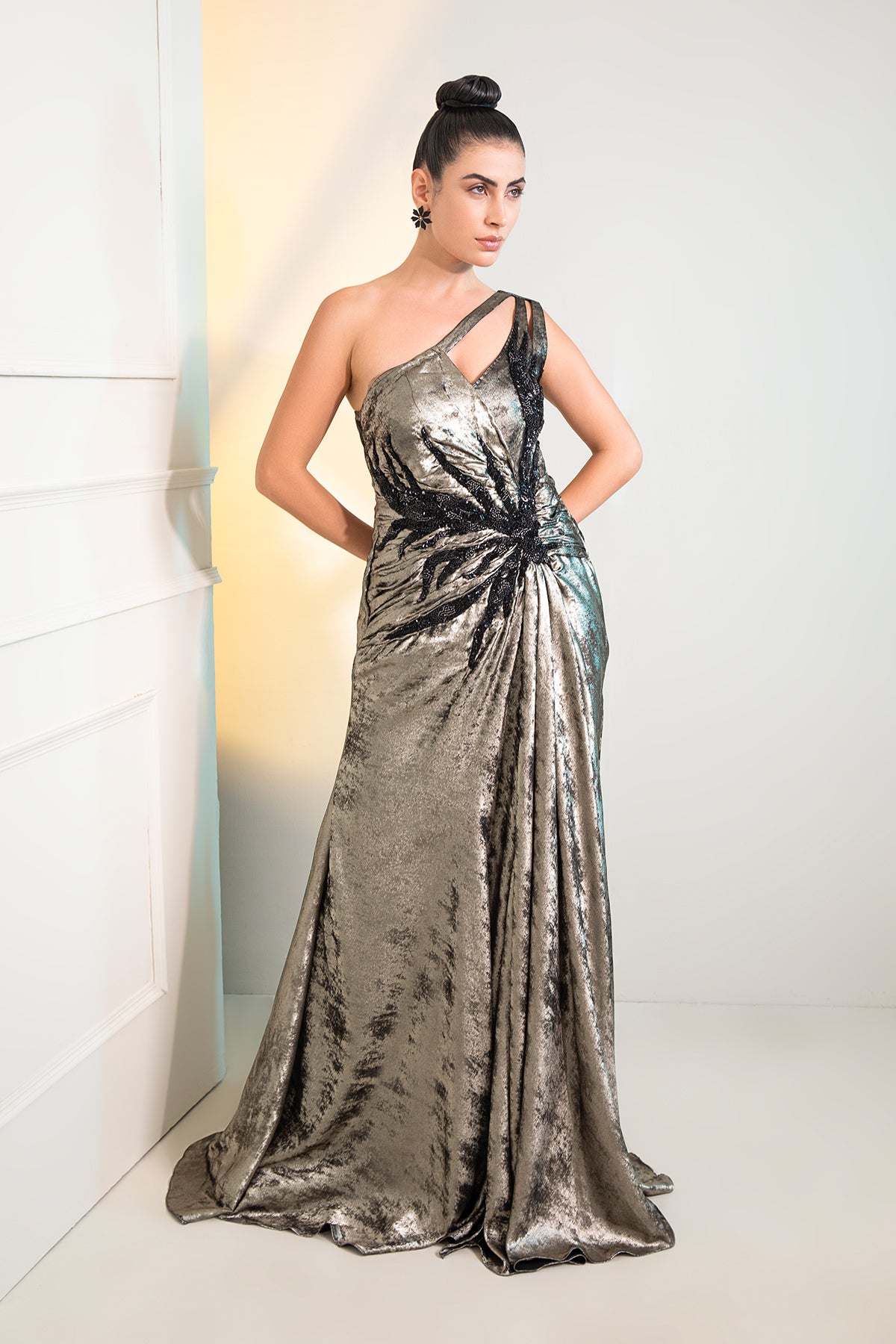 Grey Metalica one shoulder Cocktail Gown