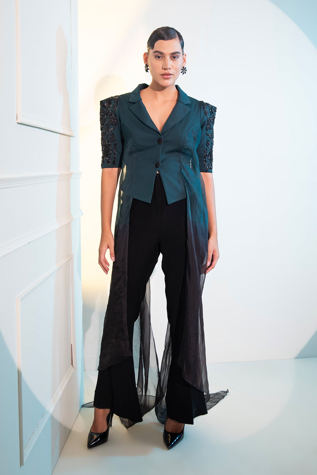 Green Ombre Draped Blazer with embellished puff sleeves & tailored pants Co-ord set
