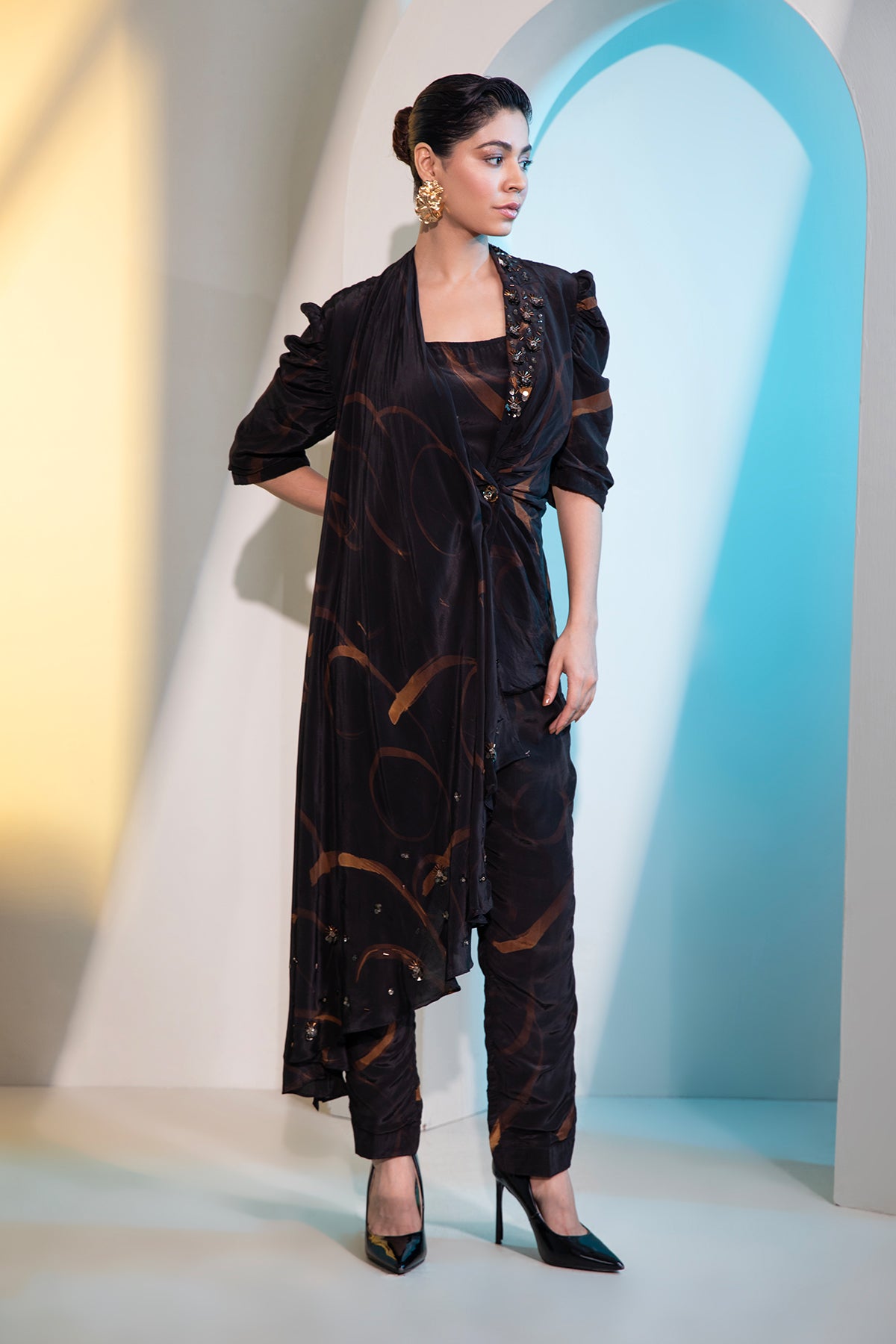 Abstract dyed dramatic draped Jacket & Trouser set