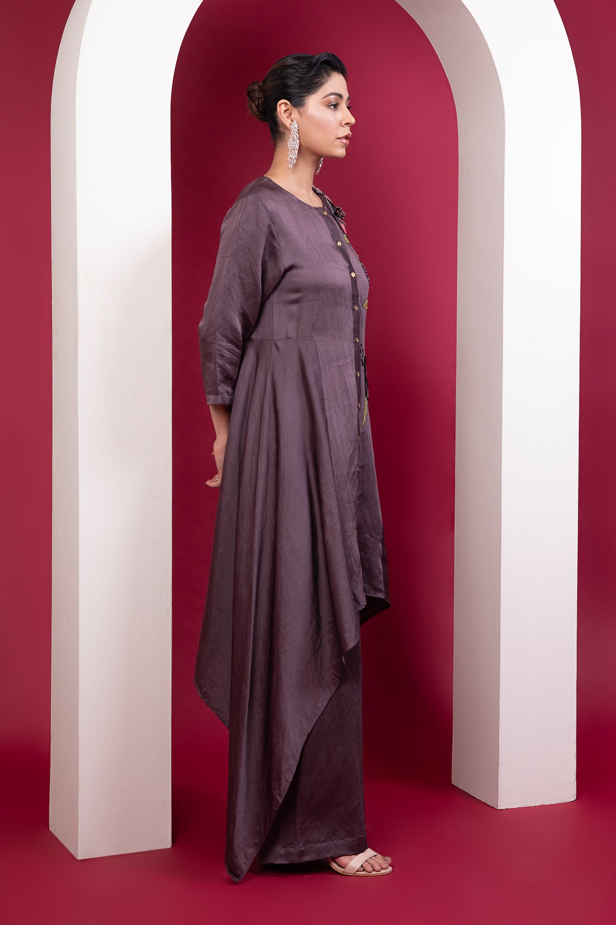 Structured asymmetric tunic with side bias flare & straight pants