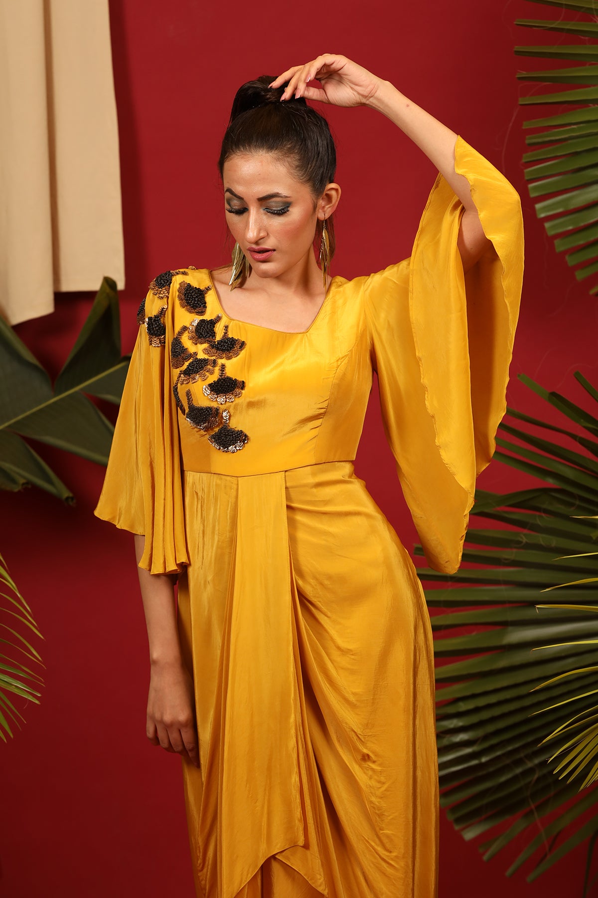 Mustard drape tunic with bell sleeves