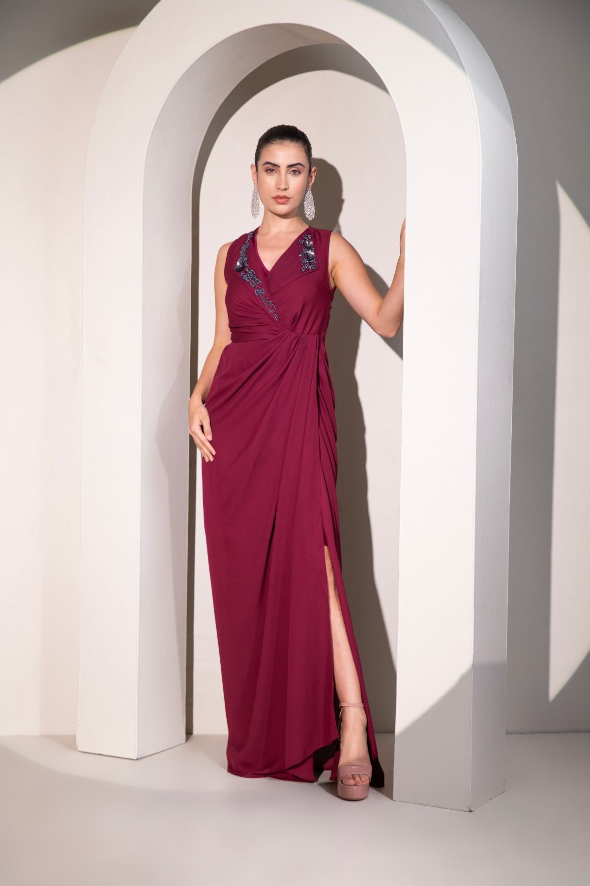 WineTrench collared knot draped Maxi Gown