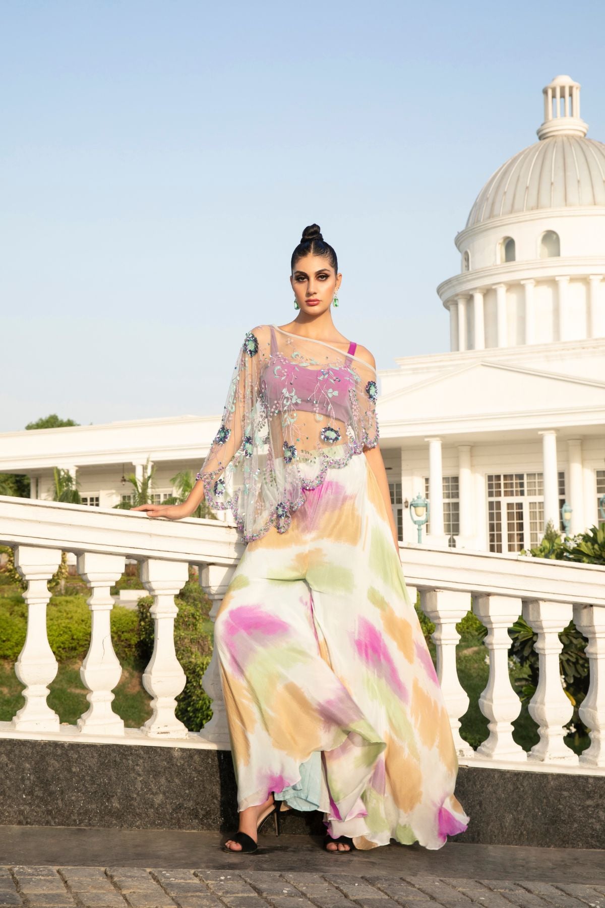 Multi-coloured Palazzo crop top & embellished cape set