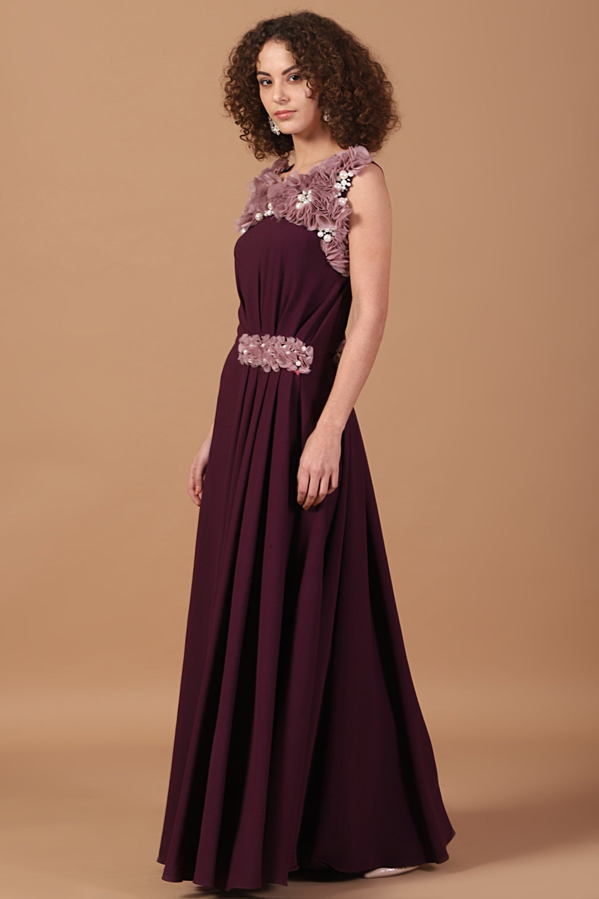 Grecian Pleated Organza ruched Plum Gown