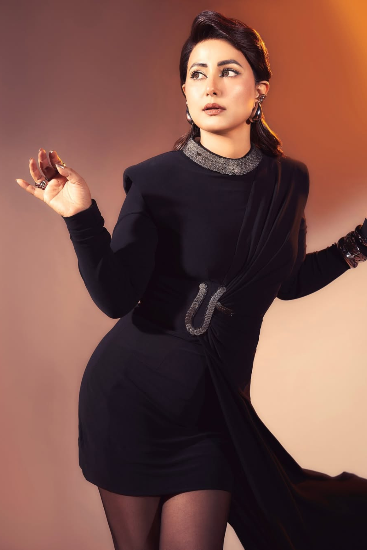 Hina Khan In PADDED SHOULDER COIN DRESS