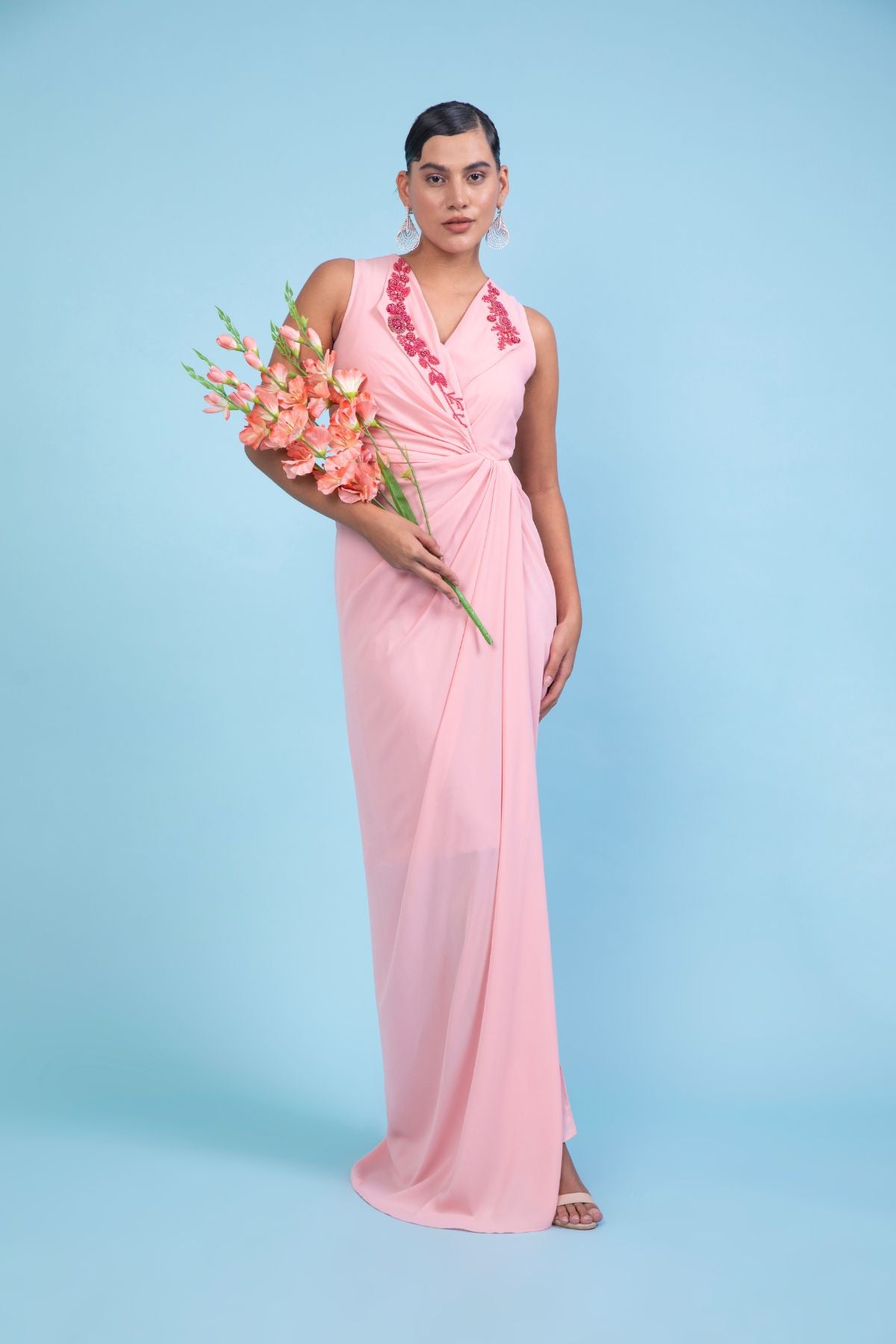 Peach Trench collared knot draped Maxi Gown