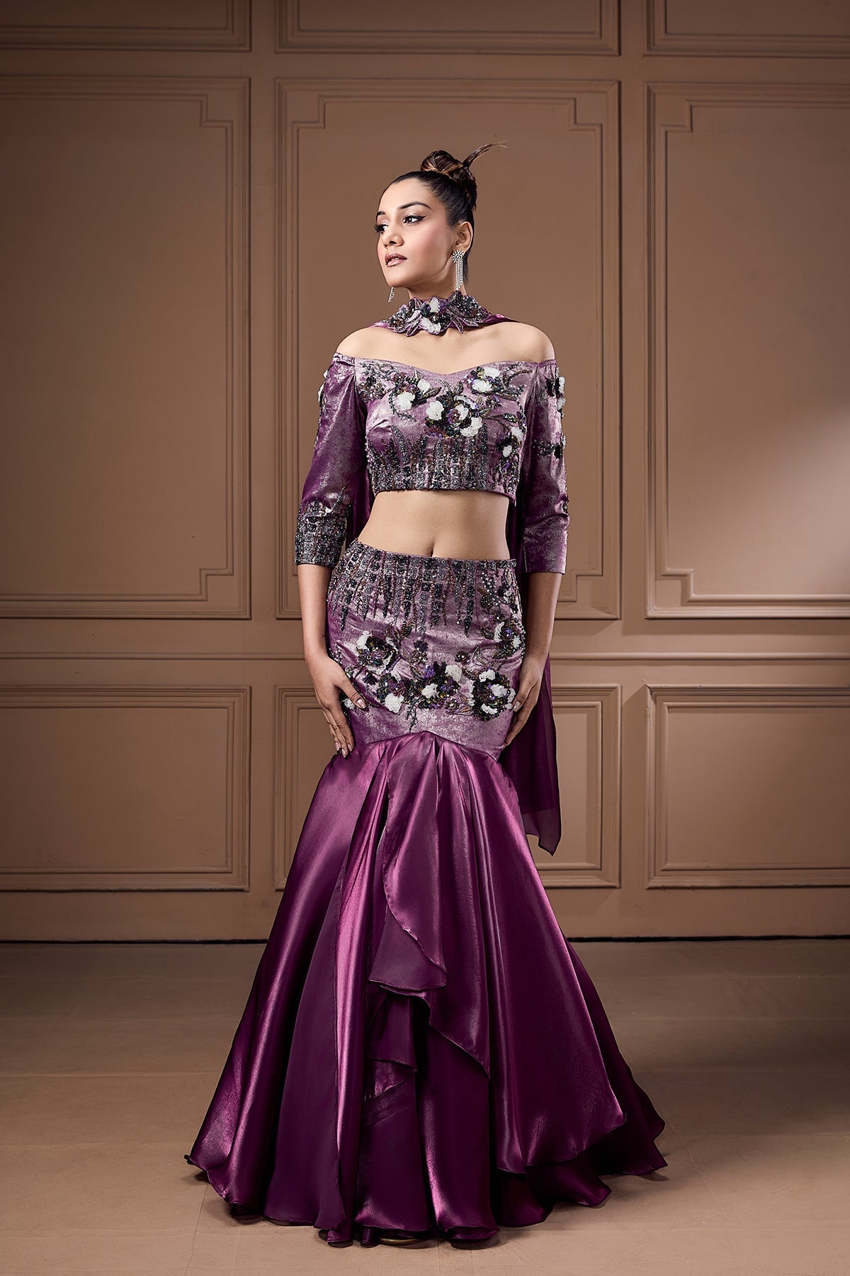 PLUM MERMAID STYLE LEHENGA-CHOLI WITH CORAL INSPIRED WORK AND CHOKER DUPATTA