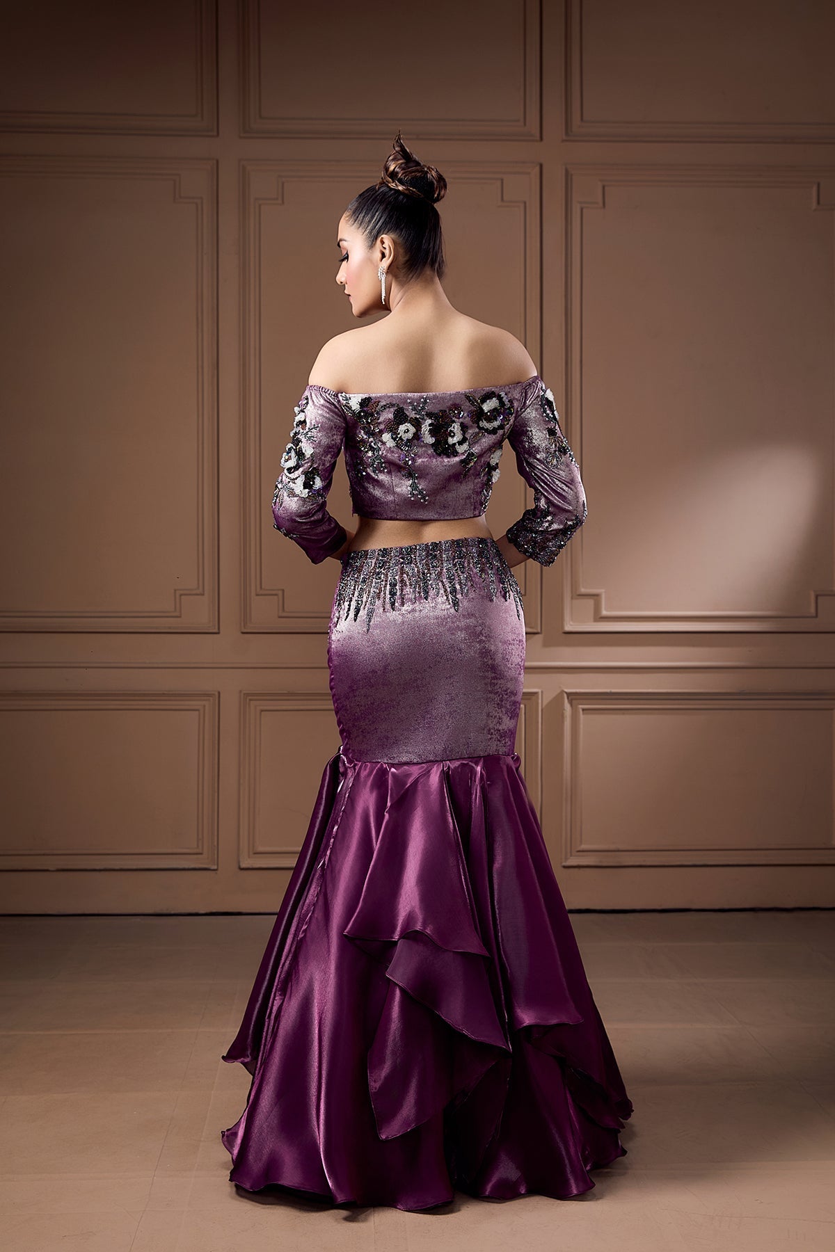 PLUM MERMAID STYLE LEHENGA-CHOLI WITH CORAL INSPIRED WORK AND CHOKER DUPATTA