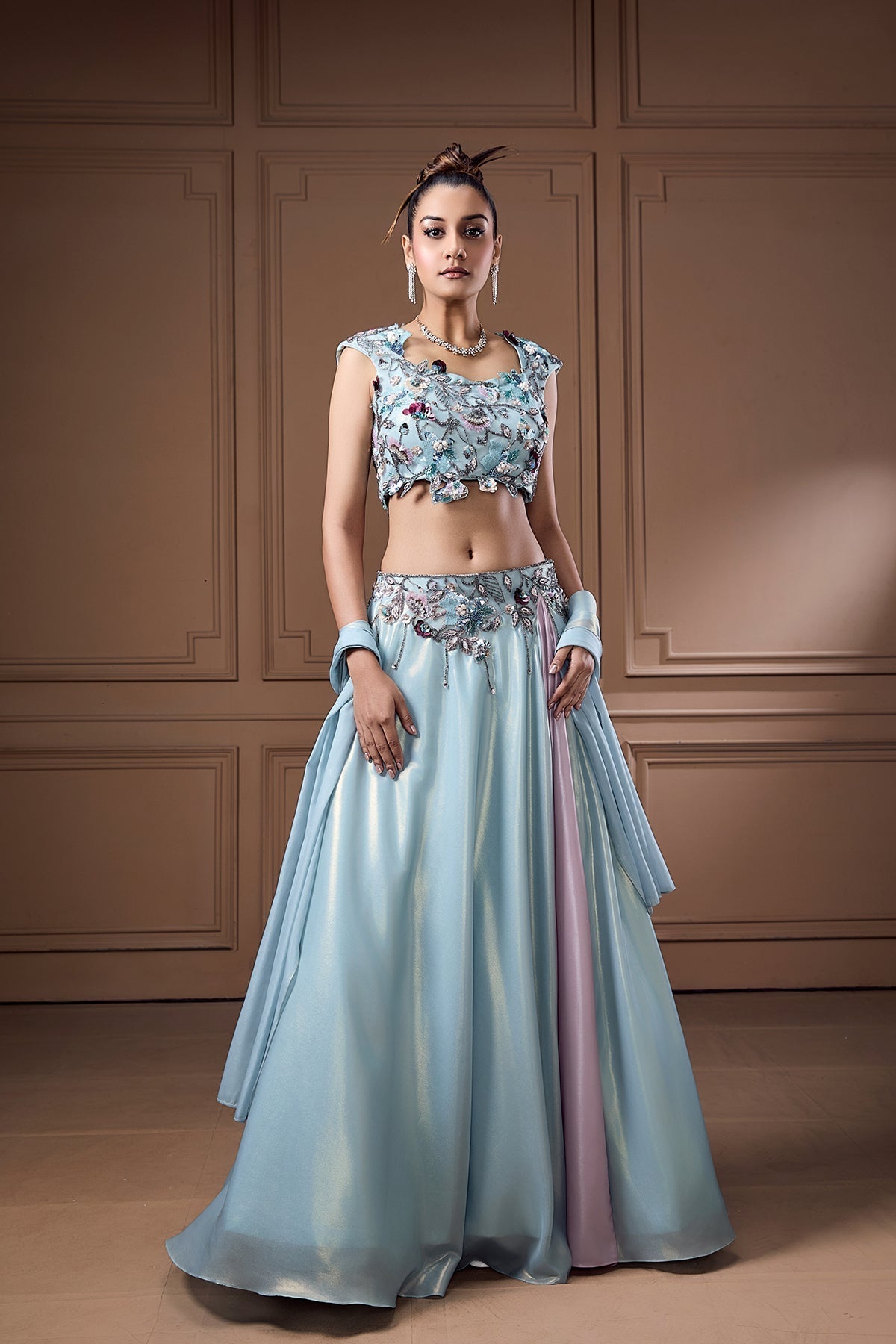 FUSION LEHENGA WITH FLORAL EMBELLISHED CHOLI AND CHOKER DUPATTA