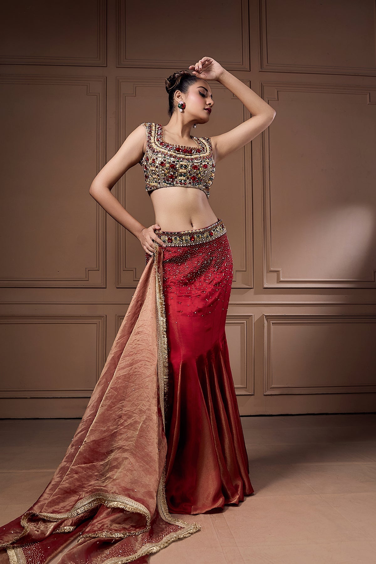SWAROSKI STATEMENT CHOLI WITH GOITTED LEHENGA AND DUPATTA