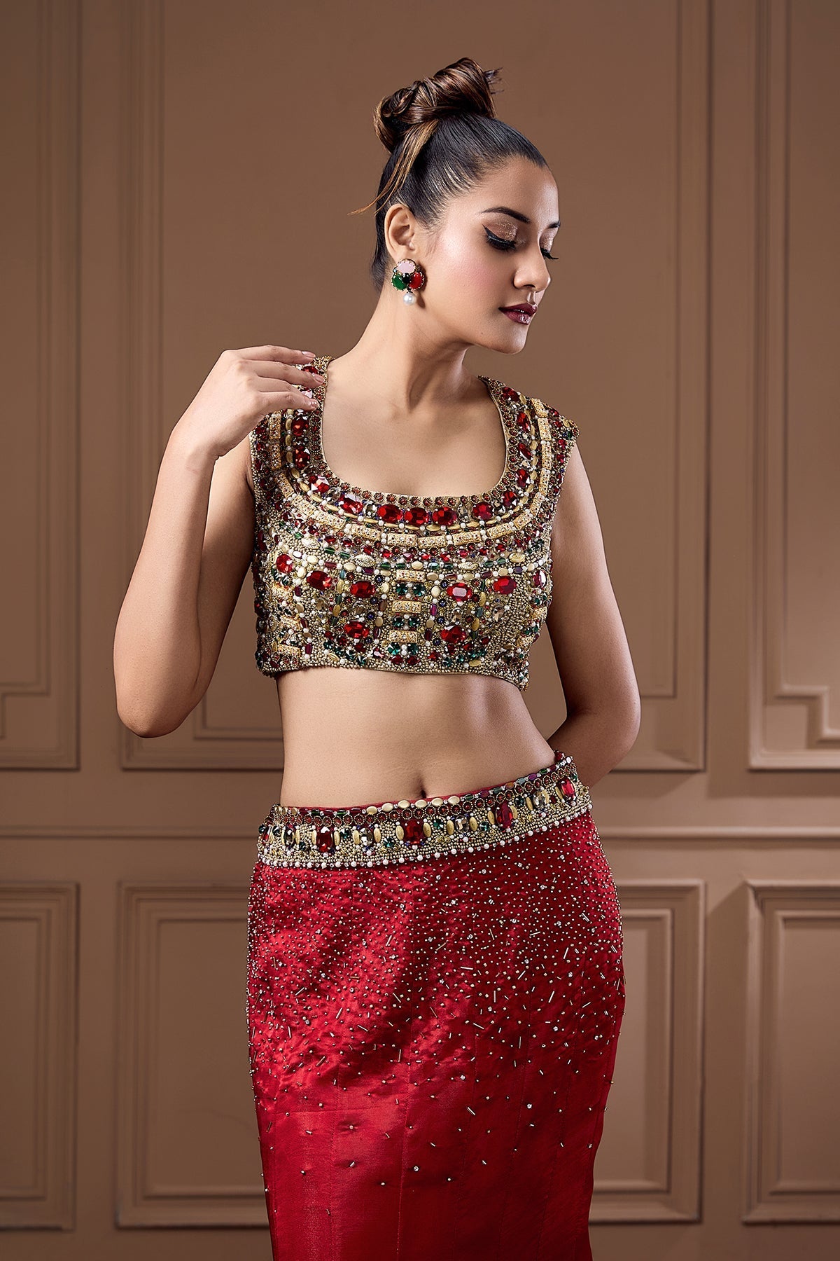 SWAROSKI STATEMENT CHOLI WITH GOITTED LEHENGA AND DUPATTA