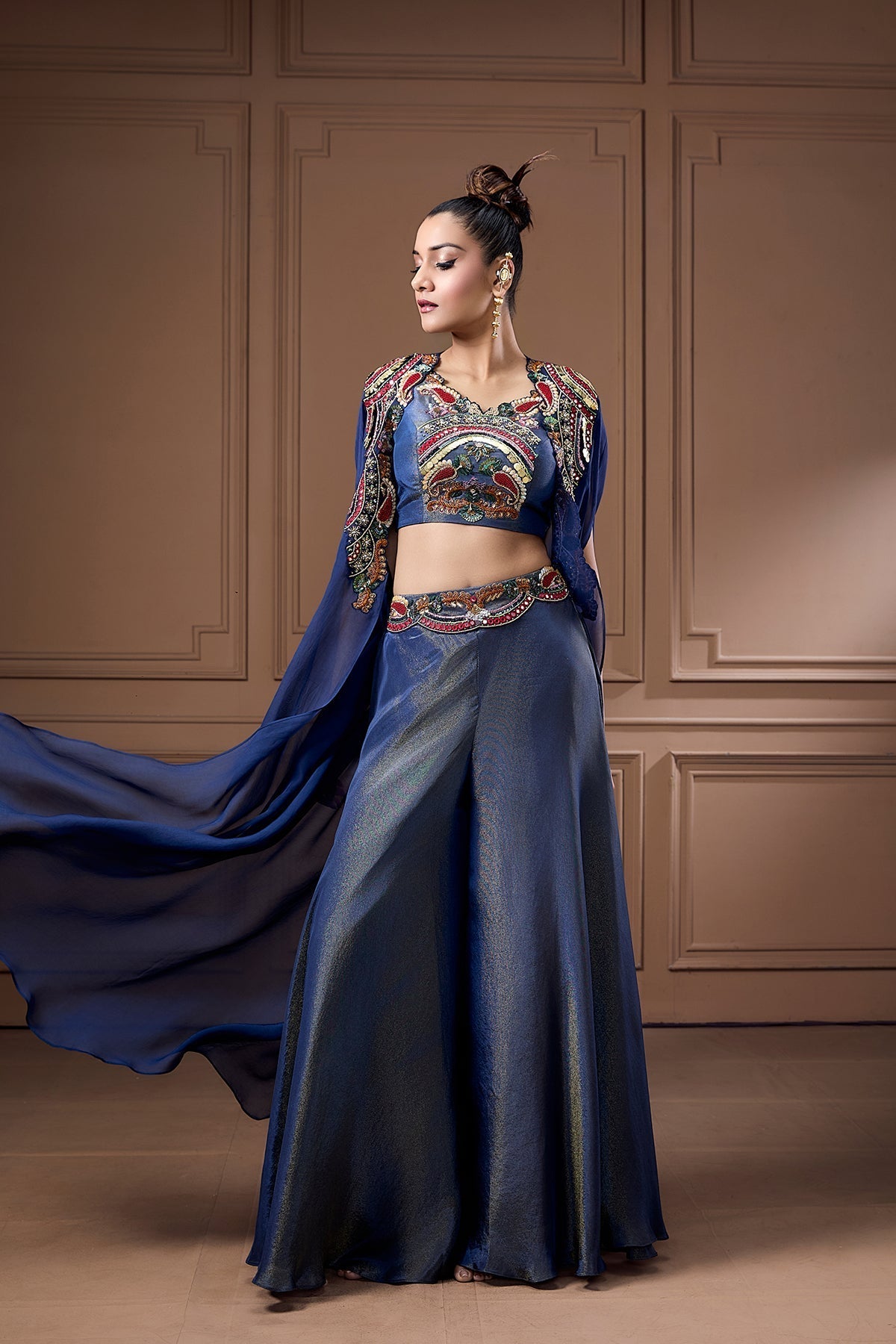 QUIRKY COIN EMBELLISHED BUSTIER WITH CAPE AND PALAZZO SET