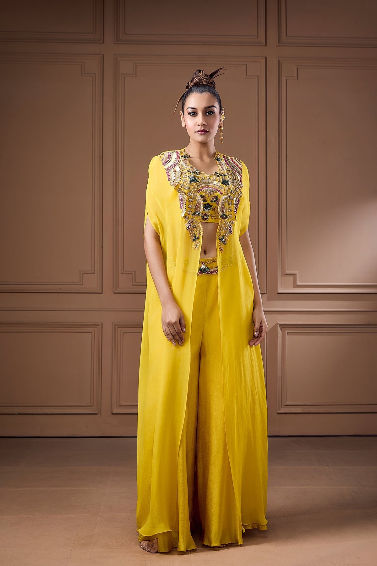 QUIRKY COIN EMBELLISHED BUSTIER WITH CAPE AND PALAZZO SET