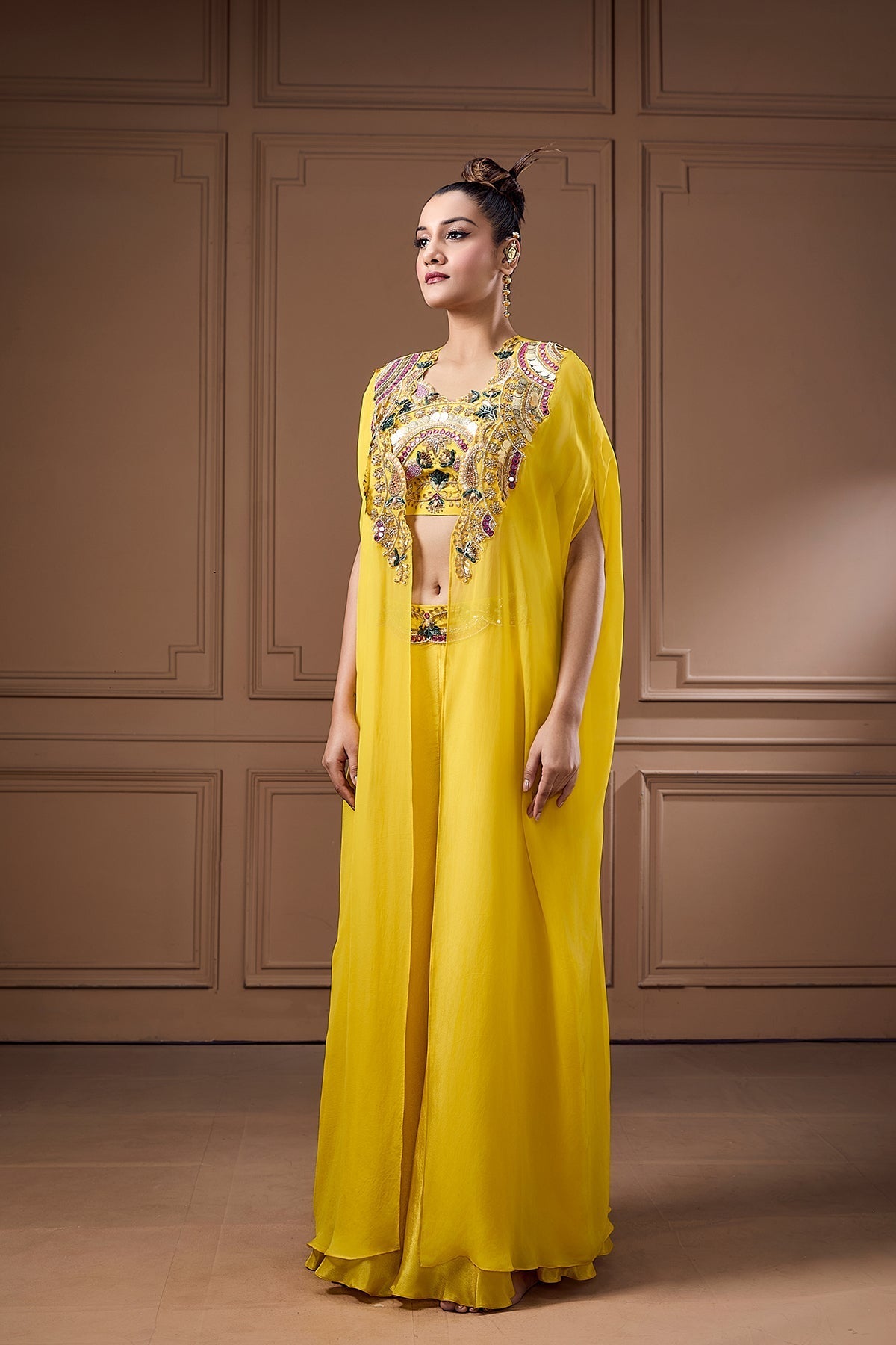 QUIRKY COIN EMBELLISHED BUSTIER WITH CAPE AND PALAZZO SET
