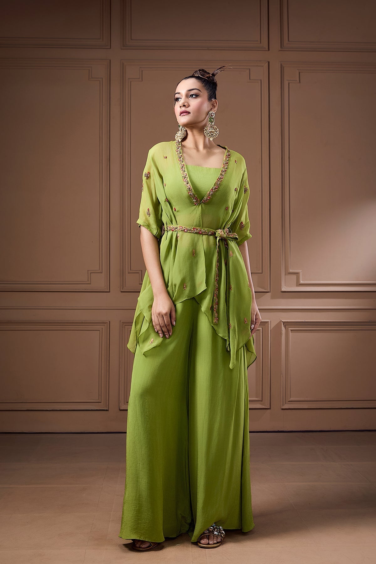 EMBELLISHED ASSYMETRIC SHRUG WITH BUSTIER AND PALAZZO WITH BELT