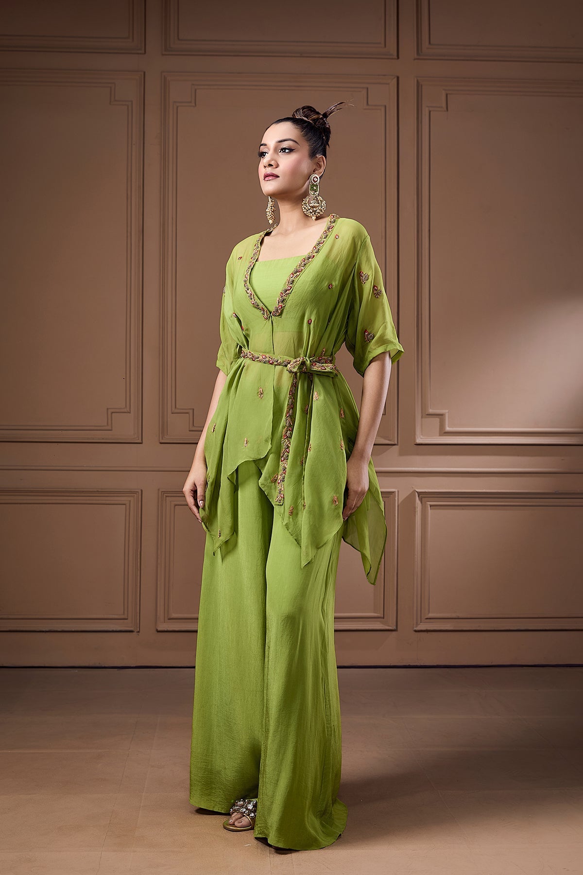 EMBELLISHED ASSYMETRIC SHRUG WITH BUSTIER AND PALAZZO WITH BELT