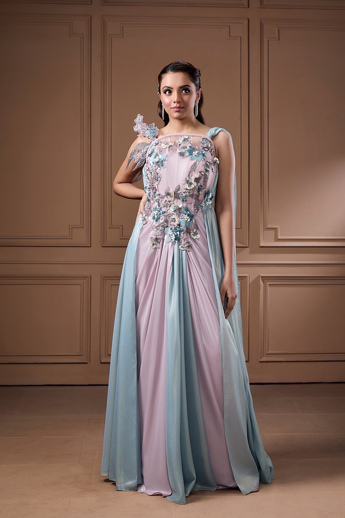 FAIRY LIKE EMBELLISHED CORSET STYLE DRAPING GOWN