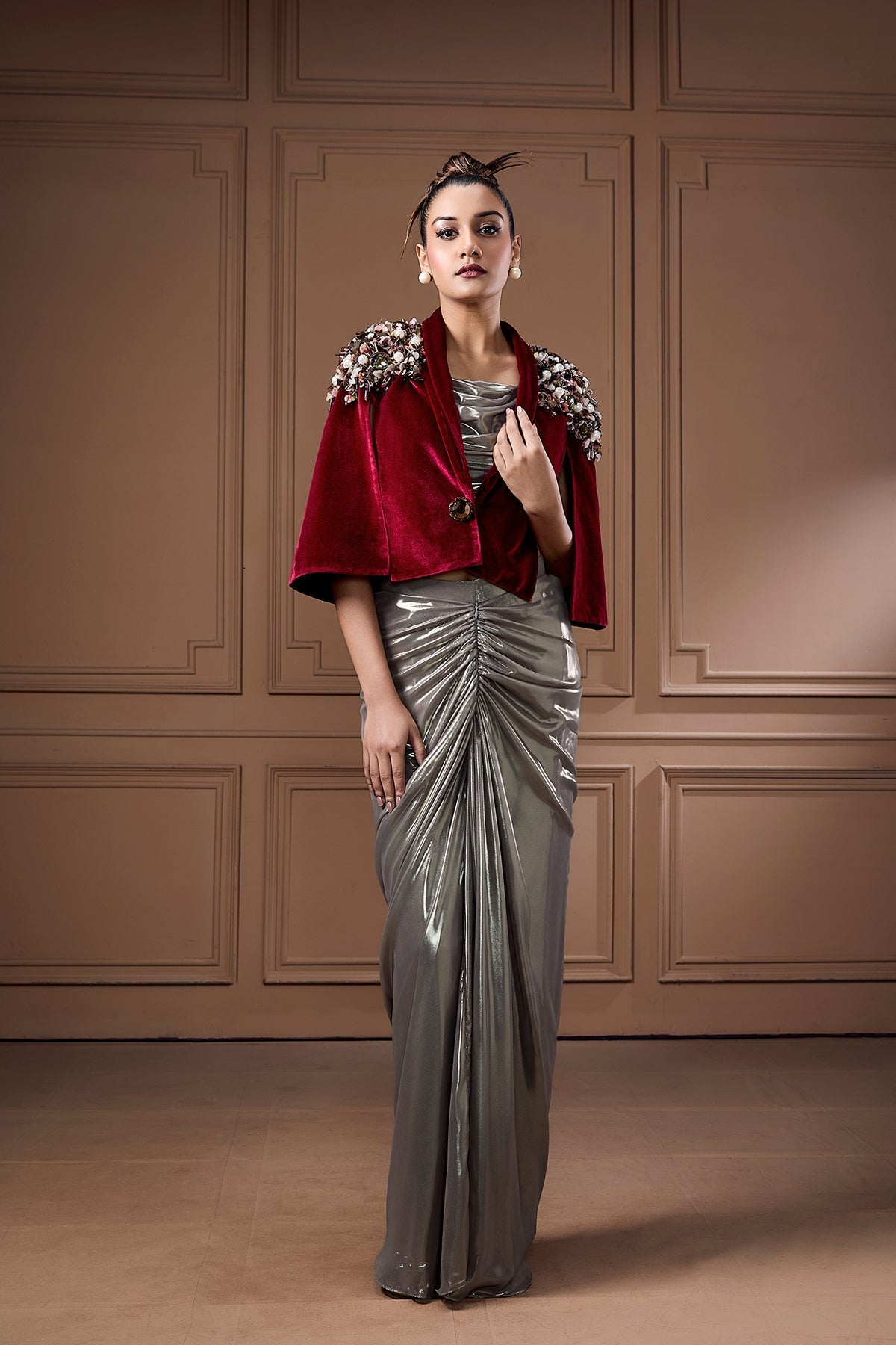 WINE VELVET CAPE WITH GLASS COWL BUSTIER AND DRAPE SKIRT