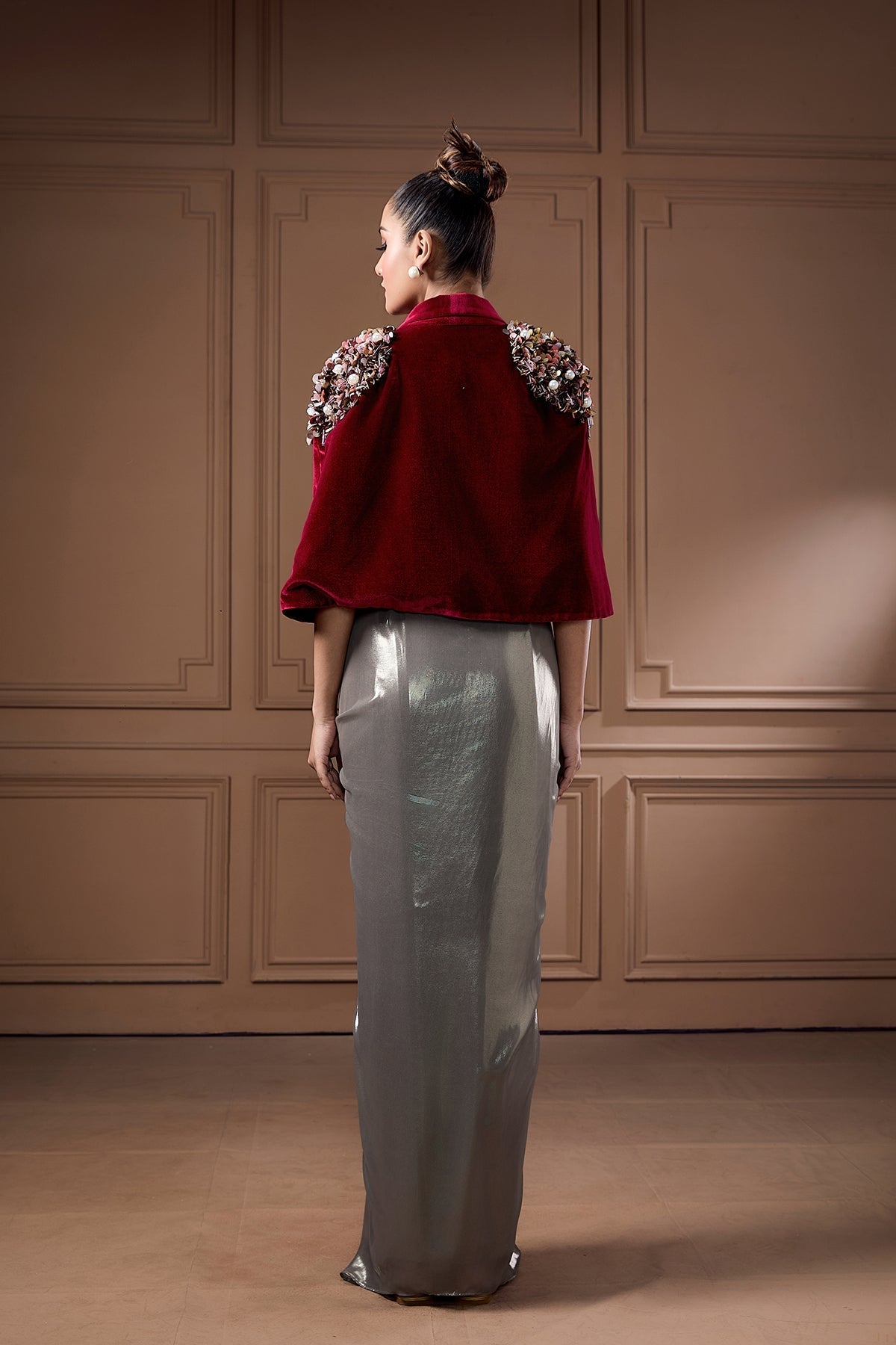 WINE VELVET CAPE WITH GLASS COWL BUSTIER AND DRAPE SKIRT