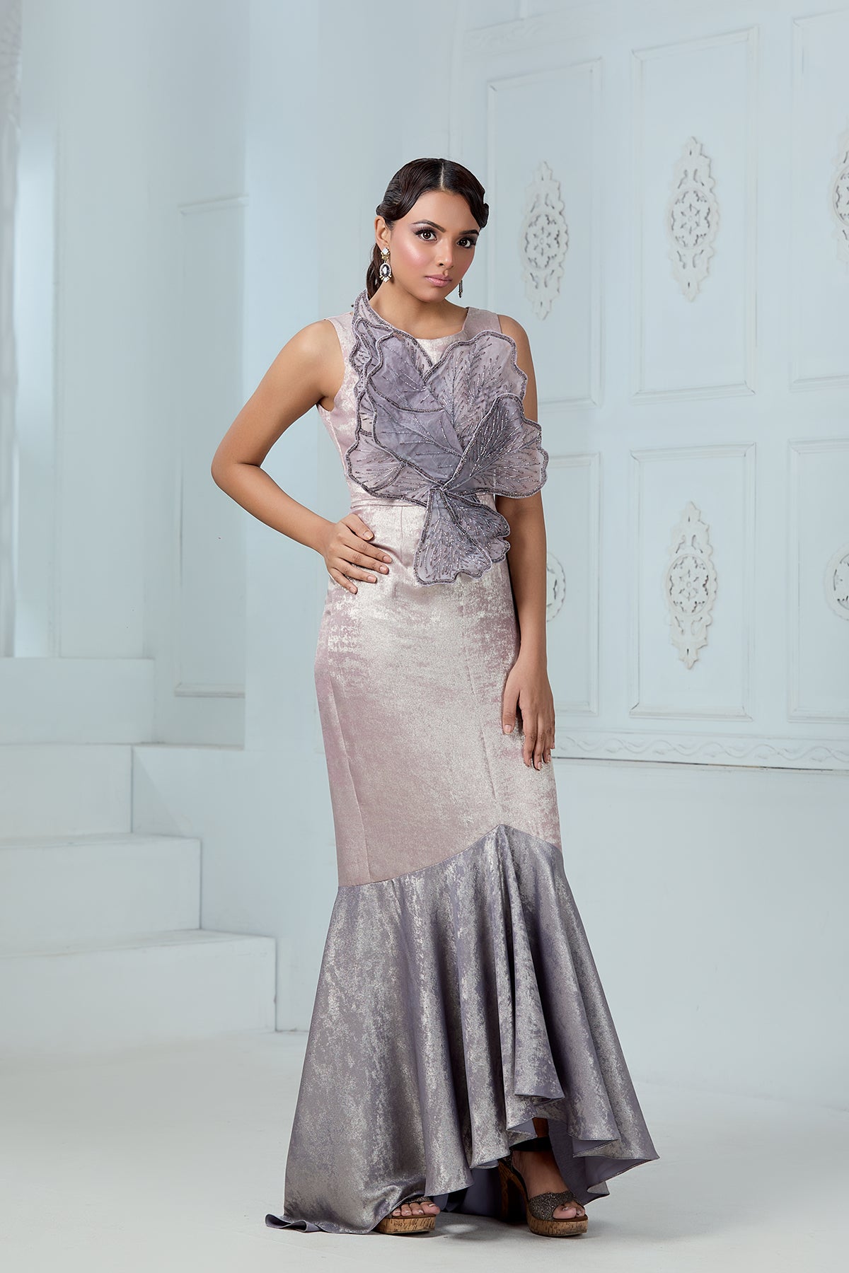 3-D LEAVES MERMAID GOWN