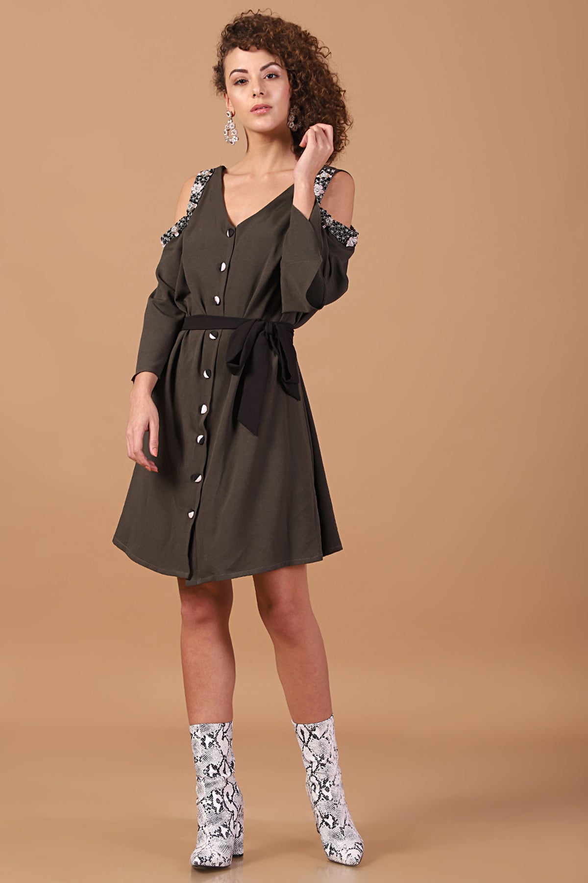 Military Cut-out Sleeves Belted Dress