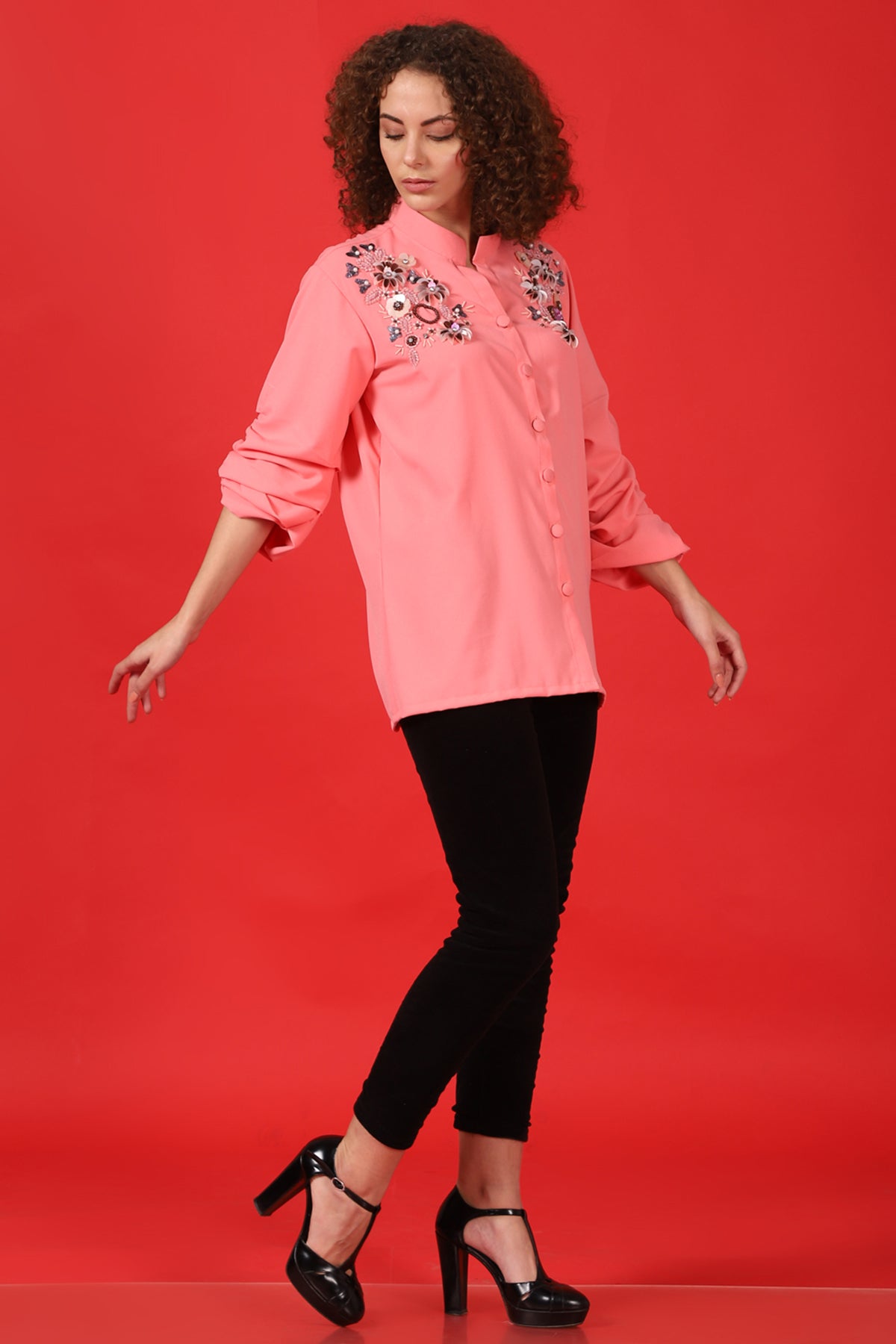Blush ruched sleeves 3D embroidered shirt