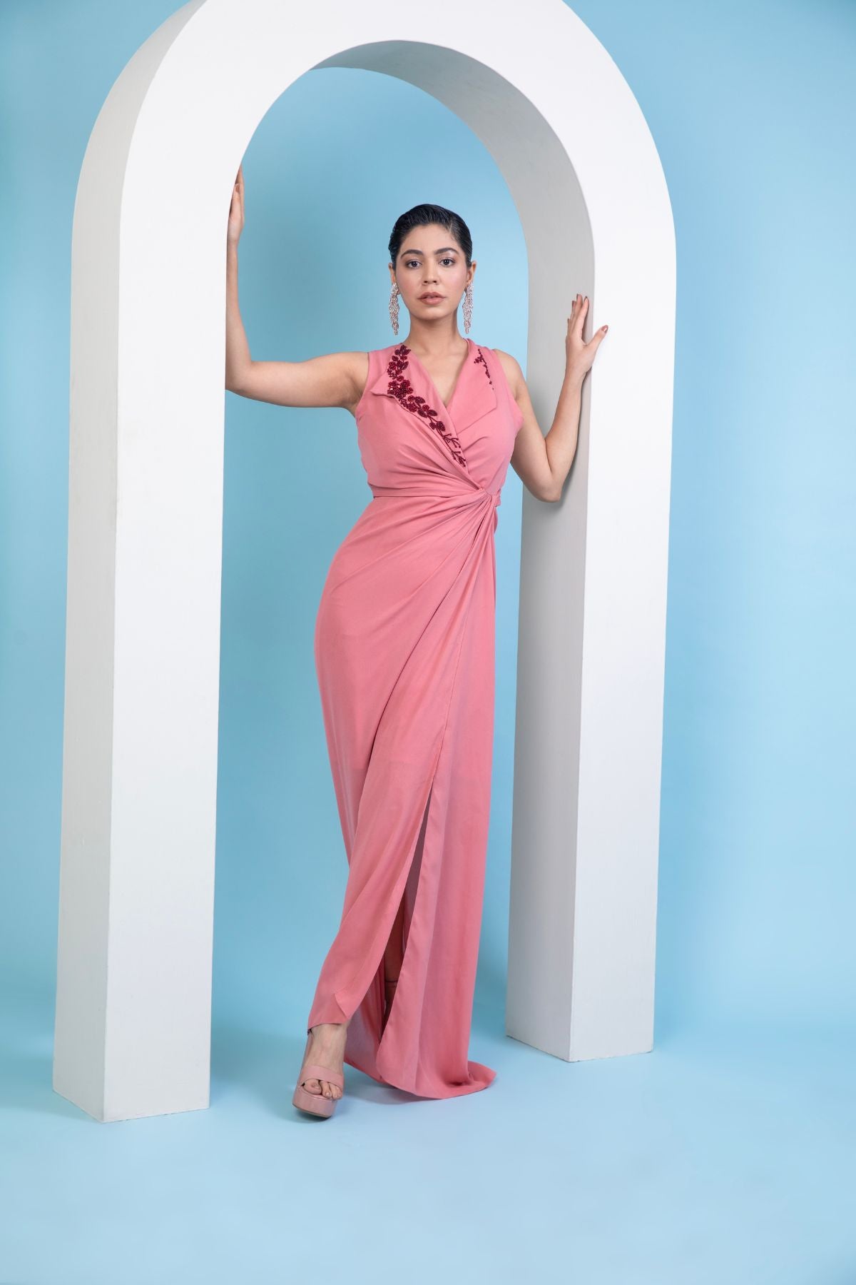 Salmon Pink Trench collared knot draped Maxi Gown